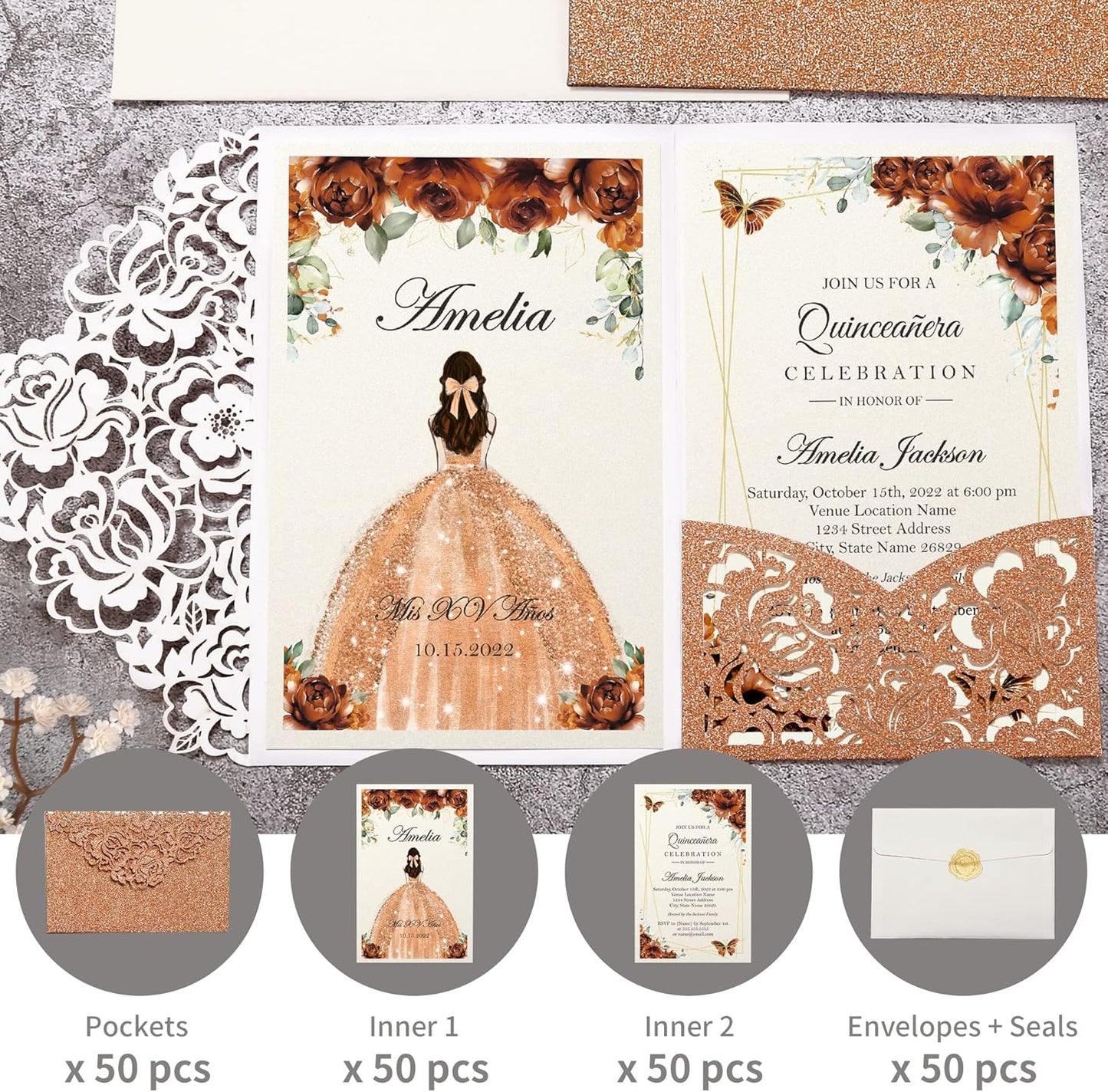 DORIS HOME 50pcs Laser Cut Quinceanera Invitations Terracotta Glitter, 4.7x7.1 Personalized Quince Invitations for 15th Birthday, Invitation cards for Sweet 16 with Envelopes