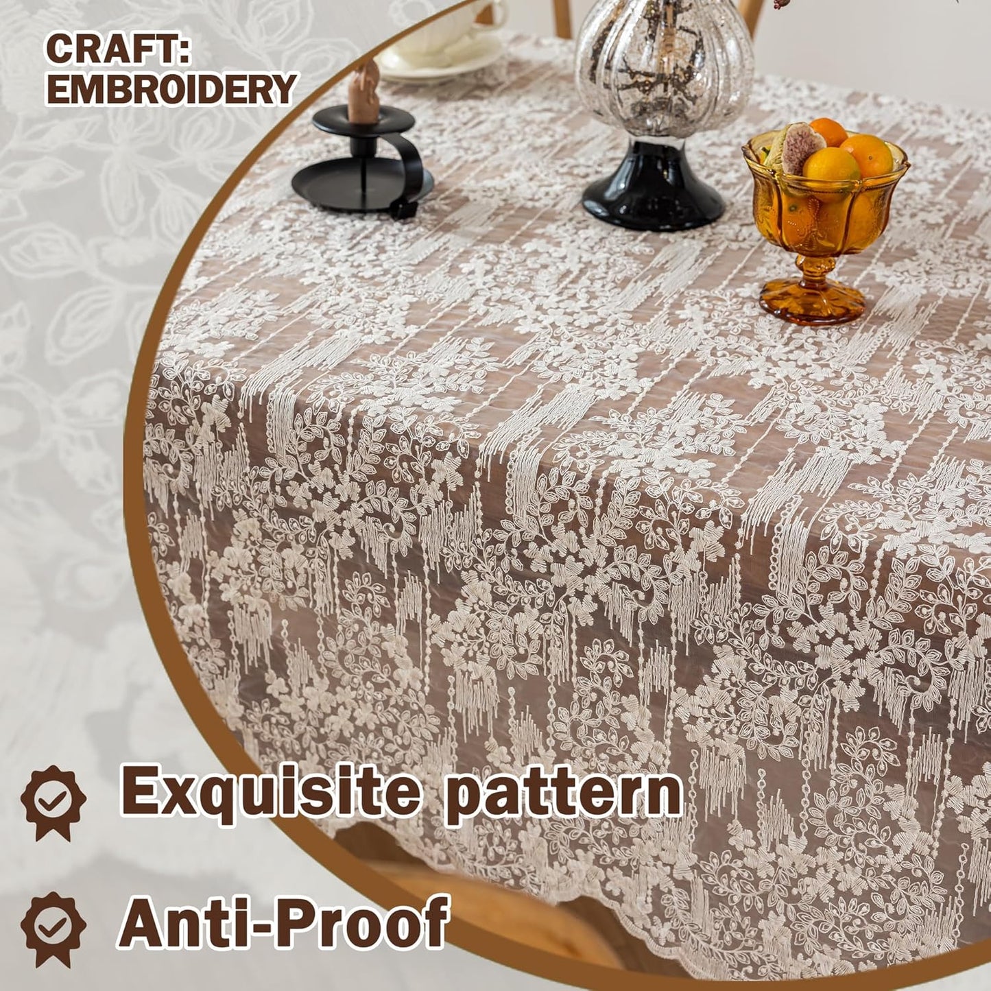 Lace Embroidered Tablecloth. Rectangle Lace Vintage Tablecloth Dustproof Table Protector for Kitchen Dining Room Party Banquet Home Picnic Wedding Decoration (Creamy White 78.5×53 inch)