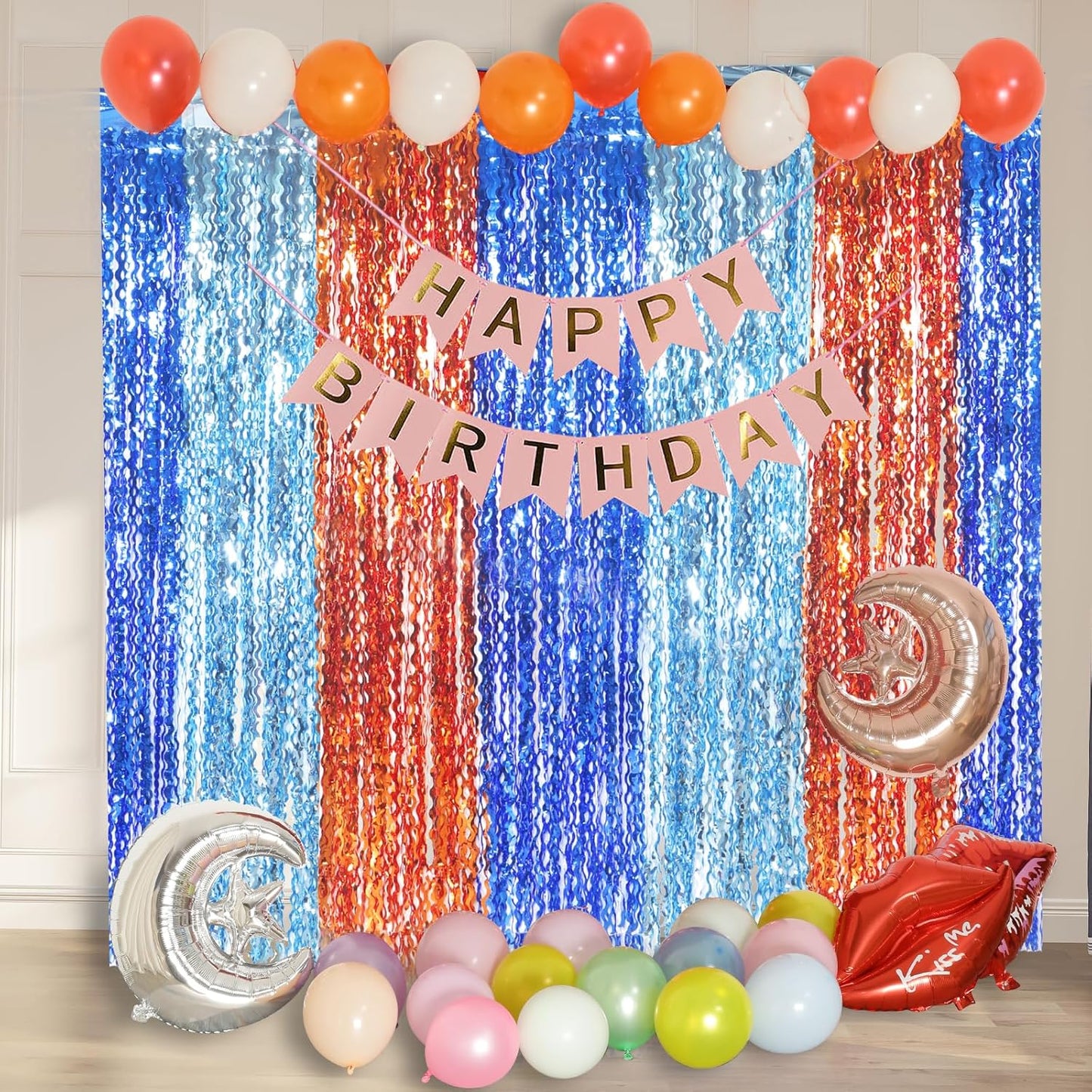 3 Pack Wavy Blue Dog Tinsel Backdrop Party Decorations - 3.3x6.6ft Orange and Dark Light Blue Metallic Foil Fringe Streamers for Birthday Party Supplies Photo Booth Prop Backdrop