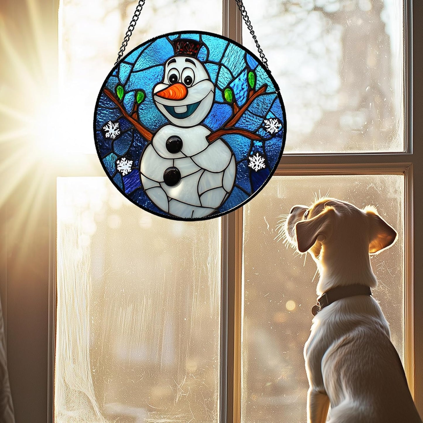 Stained Glass Window Hanging Christmas Funny Snowman 7.8" - Suncatcher Door Garden Blue White Snowflakes Sun Catcher New Year Birthday for Friend Mom Men Woman Nana