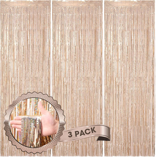 3 Pack 3.3 x 8.2 ft Laser Champagne Foil Fringe Backdrop Curtains, Tinsel Streamers Birthday Party Decorations, Fringe Backdrop for Graduation, Baby Shower, Gender Reveal, Disco Party
