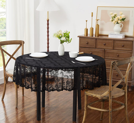 LinenZone Extra Large Black Round Tablecloth for Rustic Vintage Decor. Sheer Lace Table Cloth Works Great As Wedding Tablecloth or Thanksgiving Table Cover. (Mia 132 Round, Black)
