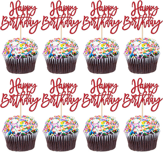 24 PCS Glitter Cupcake Toppers - Happy Birthday & Anniversary Picks - Red