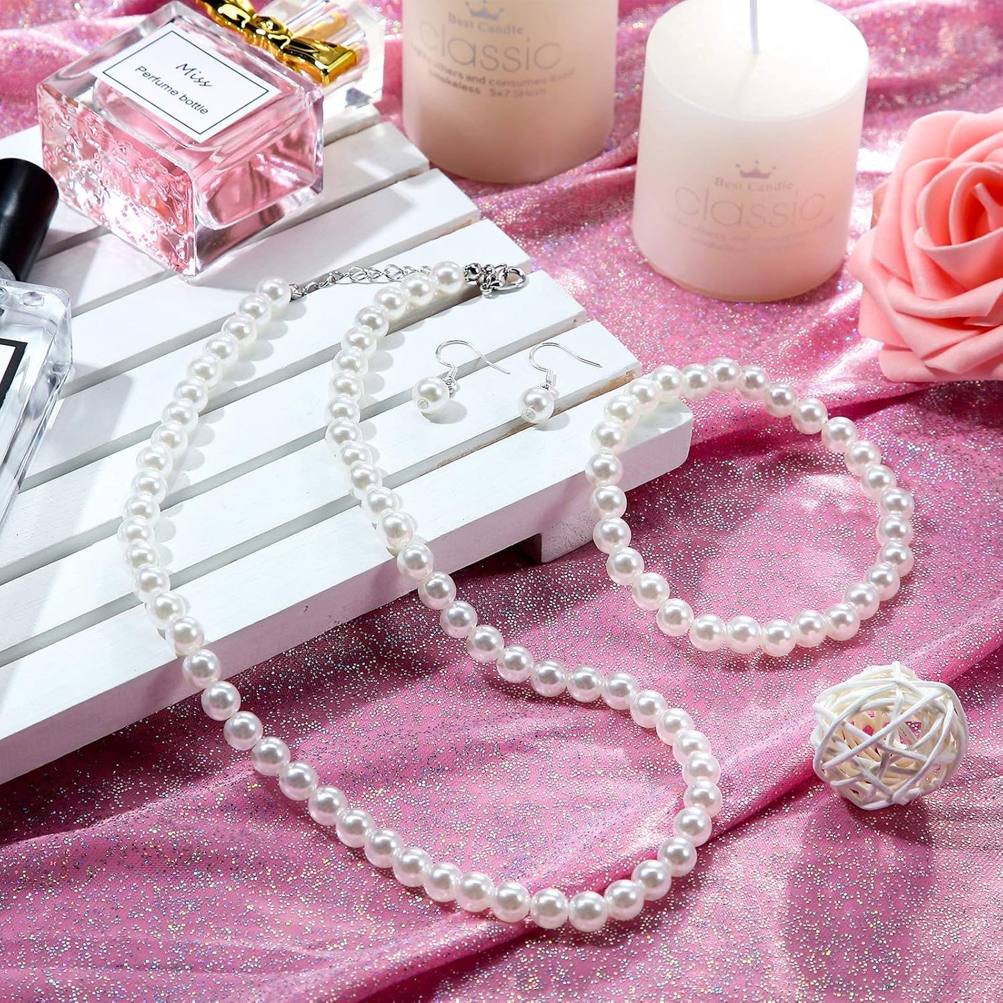 4 Pcs 1920s Faux Pearl Costume Jewelry Set for Women Halloween Simulated Necklace Bracelet Earrings for Wedding