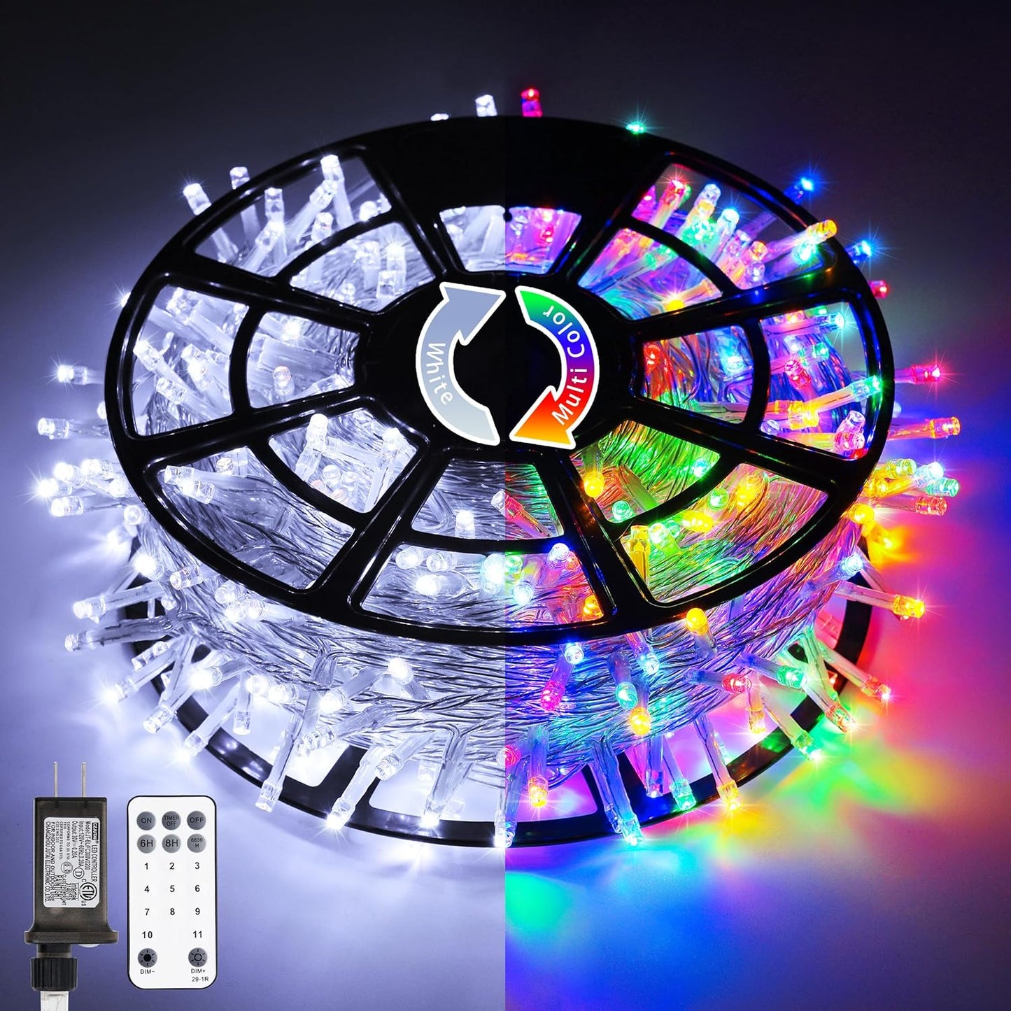 JMEXSUSS 600 LED Color Changing String Lights Plug in, 168FT White & Multicolor Christmas Lights with Remote, Christmas String Lights Outdoor Waterproof Clear Wire for Tree Xmas Decor