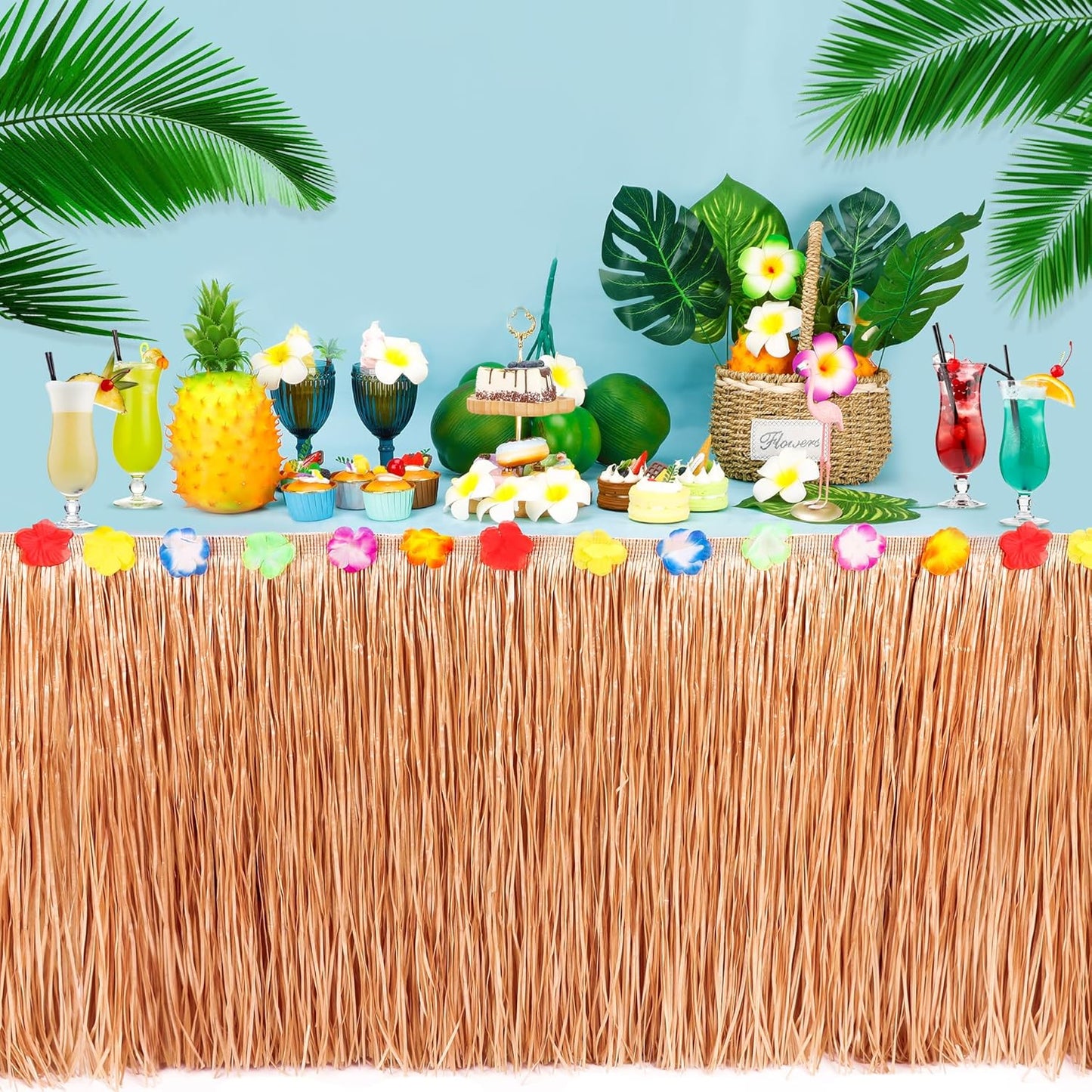 Hawaiian Themed Party Decorations, 2PCS Luau Party Table Skirt Decorations, 108 X 29.5" Table Skirt Flower Tropical Hula Dance Parties Supplies, Grass Table Skirt for Summer Beach Themed Party