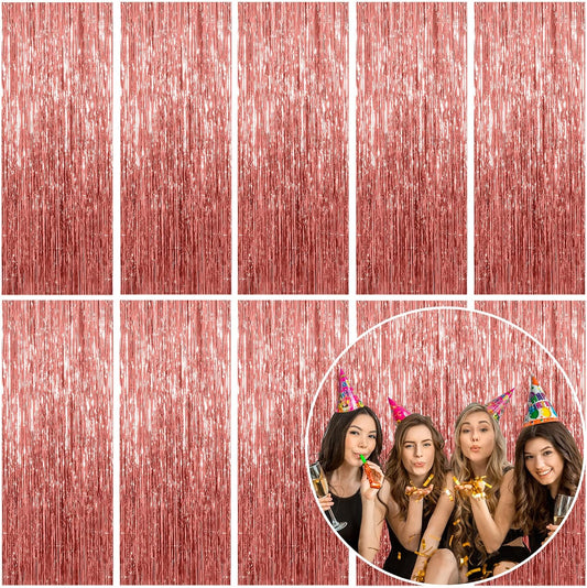 10 Pack Foil Curtain Backdrop Rose Gold Metallic Tinsel Foil Fringe Curtains Photo Booth Props for Birthday Wedding Engagement Baby Shower Bachelorette Christmas Holiday Celebration Party Decorations