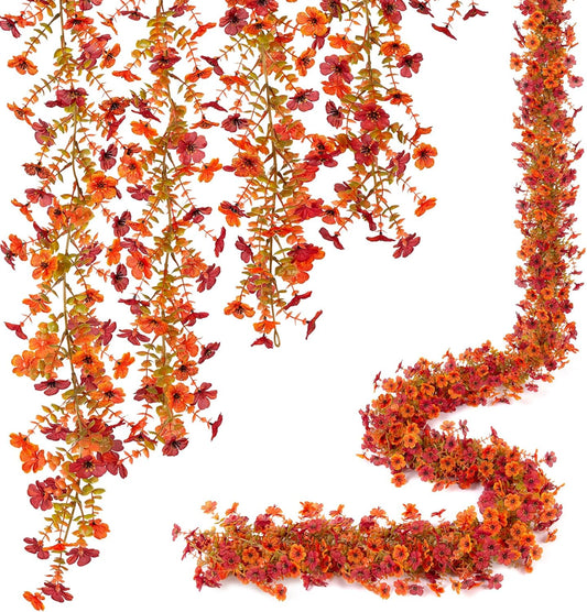 Fall Mums Flowers Artificial Garland for Decoration, 4 Pack 5.9 FT Faux Mums with Eucalyptus Leaves Ivy, UV Resistant Fake Fall Daisy Floral Vine Flowers for Home Garden Wedding Backdrop Decor