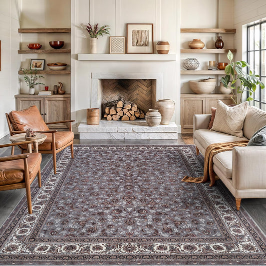 Bloom Rugs Washable Non-Slip 8' x 10' Rug - Slate Gray Traditional Oriental Area Rug for Living Room, Bedroom, Dining Room, and Kitchen - Exact Size: 8' x 10'