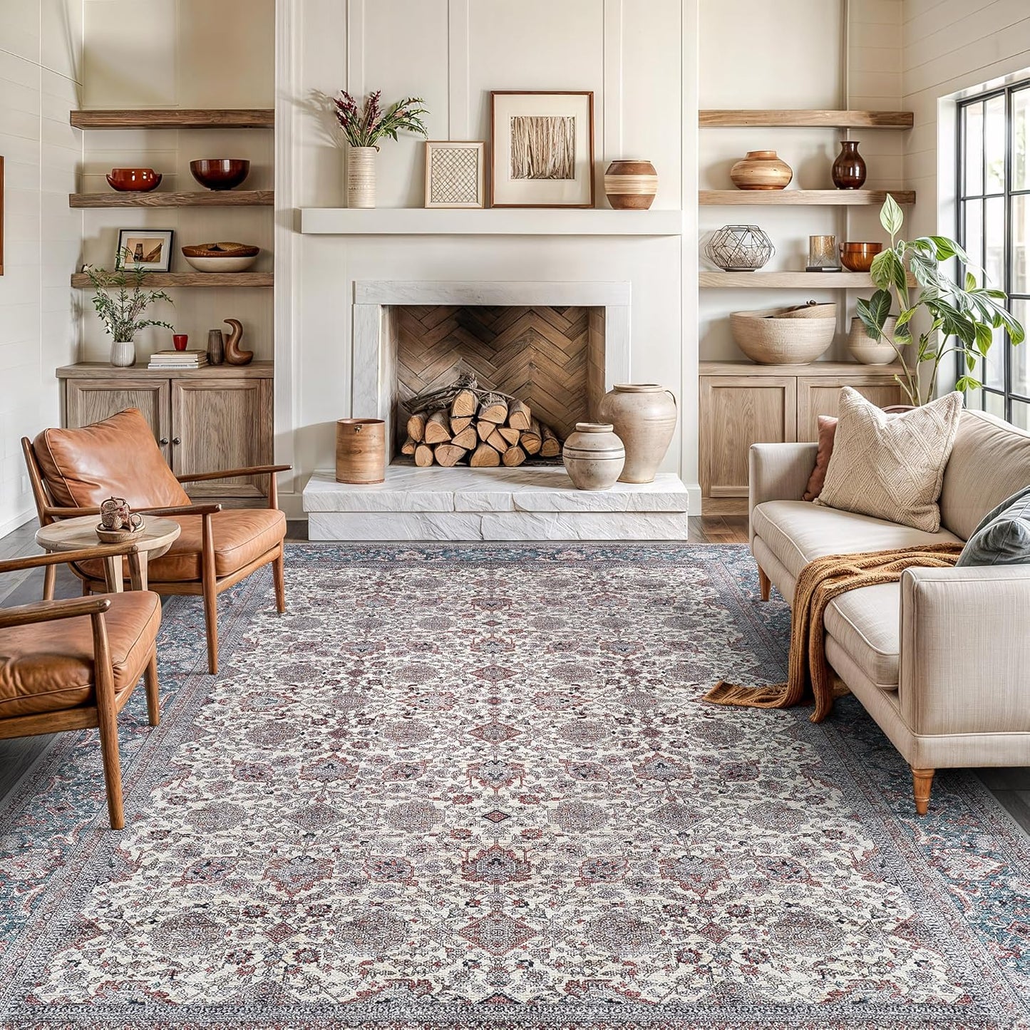 Bloom Rugs Washable Non-Slip 9' x 12' Rug - Teal/Blue/Beige Traditional Oriental Area Rug for Living Room, Bedroom, Dining Room, and Kitchen - Exact Size: 9' x 12'