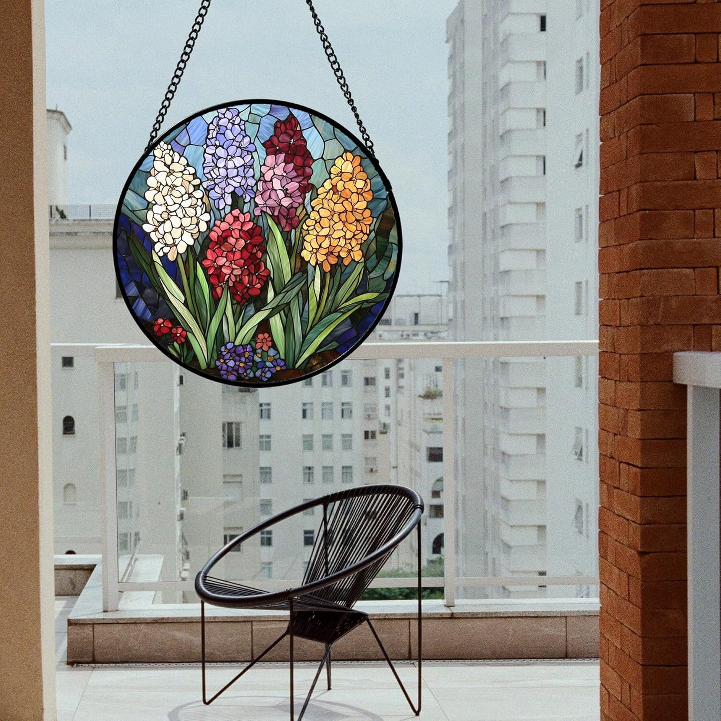 Stained Glass Window Hanging, Colorful Hyacinth Flowers Suncatcher for Doors Window Home Plant Sun Catchers Decoration Mother's Day Birthday Gifts for Women, Men, and Mom 15x15 in