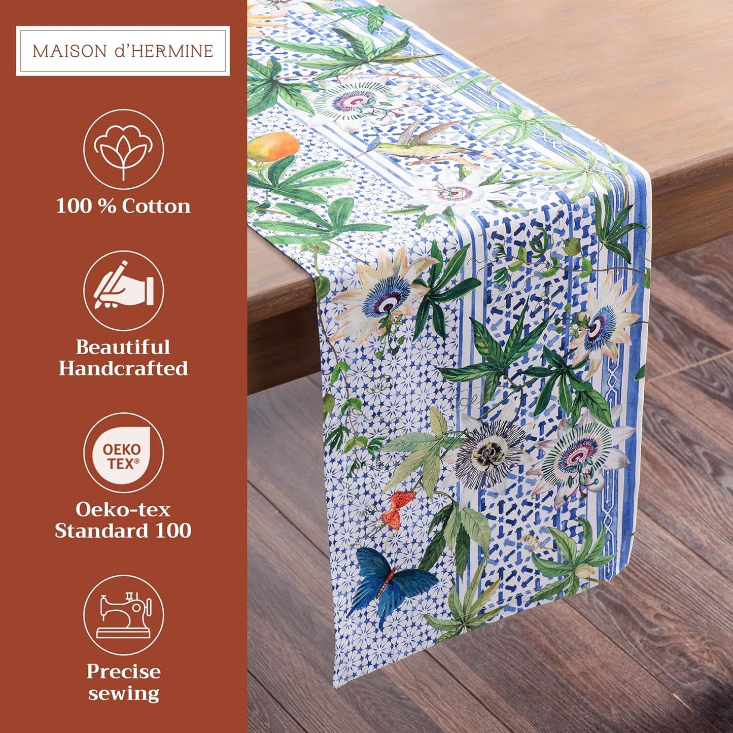 Maison d' Hermine Table runner 100% Cotton Single Layer Table Runners 72 inches long Decorative for Home Kitchen Dining Party Baby Shower Wedding Bridal Shower Spring Summer (Passiflora, 14.50" x 72")