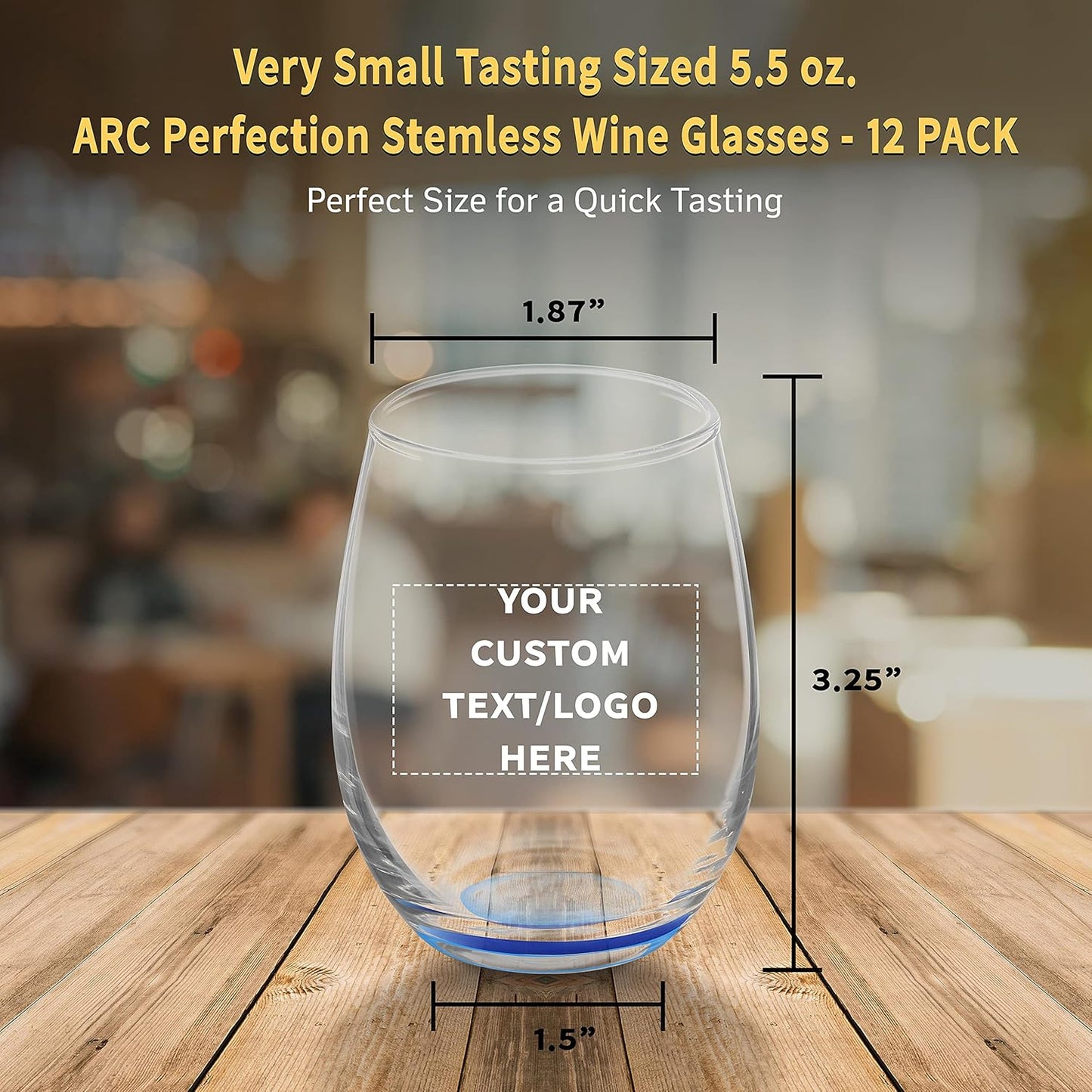 Custom Stemless Wine Glasses by ARC 5.5 oz. Set of 12, Personalized Bulk Pack - Perfect for Hotel, Bar, Restaurant or Lounge - Blue