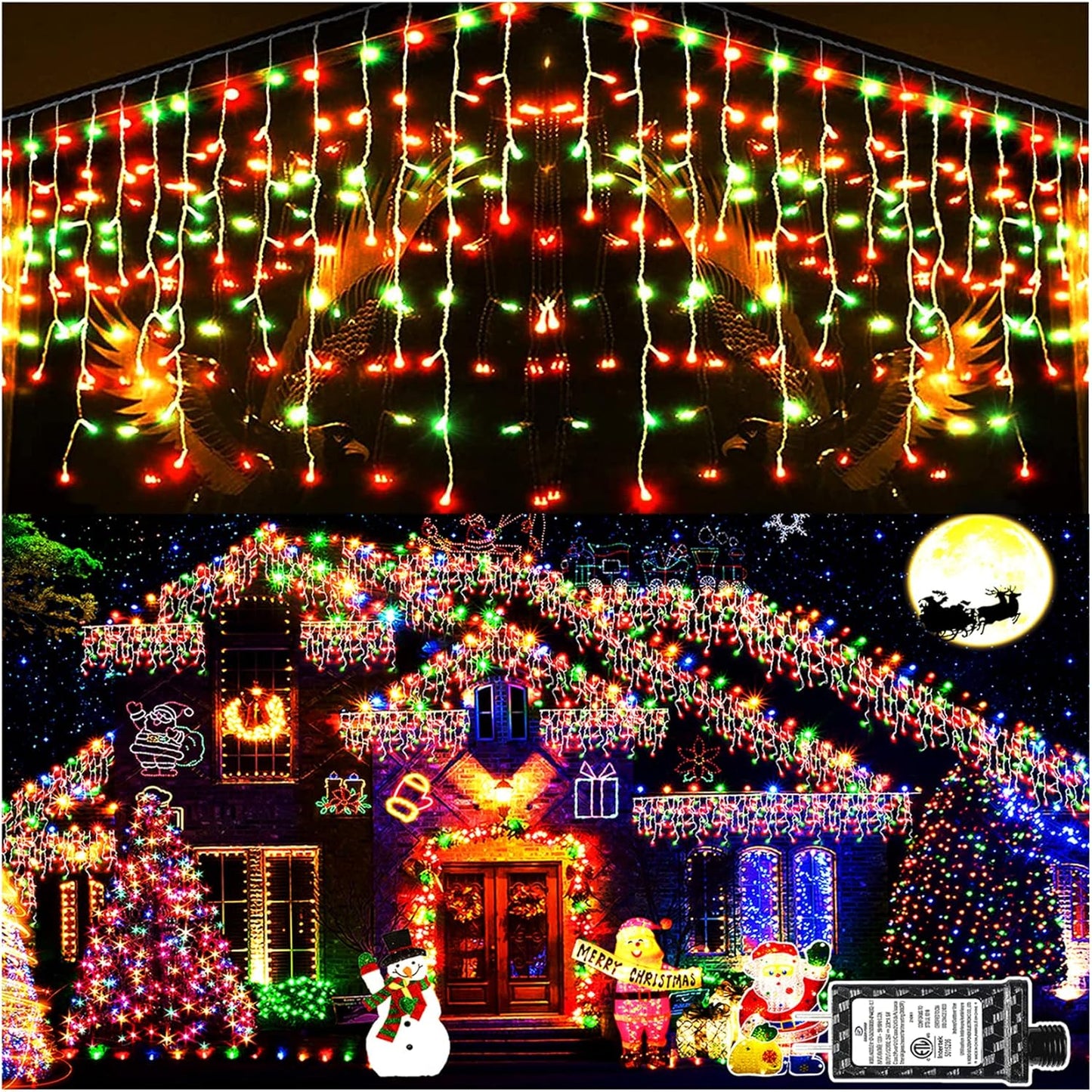 KNONEW Christmas Lights Outdoor Decorations 400 LED 33ft 8 Modes Curtain Fairy String Light with 75 Drops, Clear Wire LED String Light Indoor Decor for Wedding Party Christmas (Red and Green)