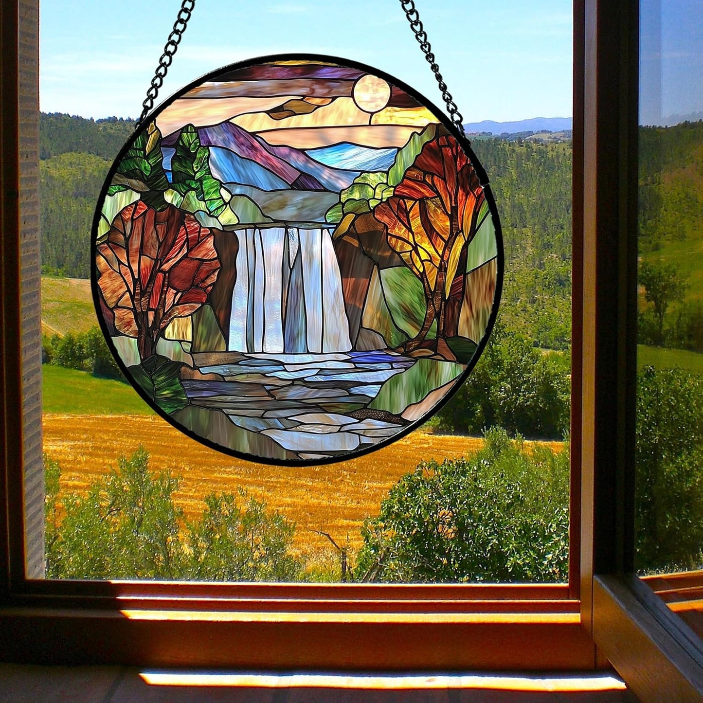 Stained Glass Window Hanging, Abstract Landscape Waterfall Mountains Trees Suncatcher for Doors Window Home Sun Catchers Decor Mother's Day Birthday Gifts for Women Men Mom 9.8 in