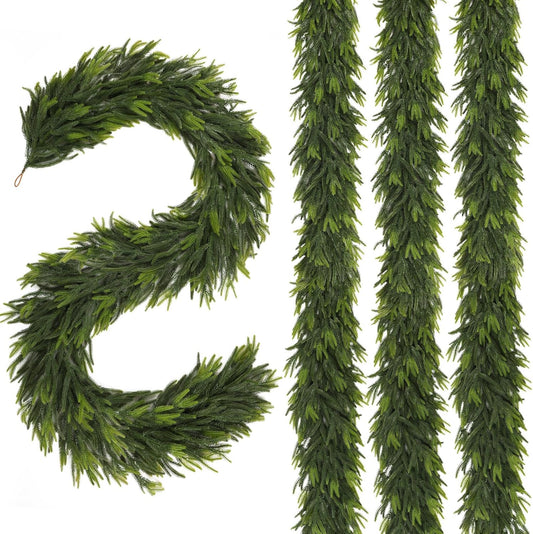 N&T NIETING 9FT Christmas Norfolk Pine Garland, Real Touch Pine Garlands Faux Greenery Garland Winter Christmas Garland for Table Mantle Holiday Indoor Outdoor Xmas Decorations (4 Pcs)