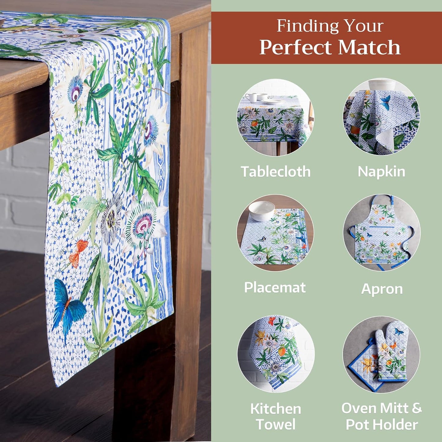 Maison d' Hermine Table runner 100% Cotton Double Layer Table Runners 72 inches long Decorative for Home Kitchen Dining Party Baby Shower Wedding Bridal Shower Spring Summer (Passiflora, 14.50" x 72")