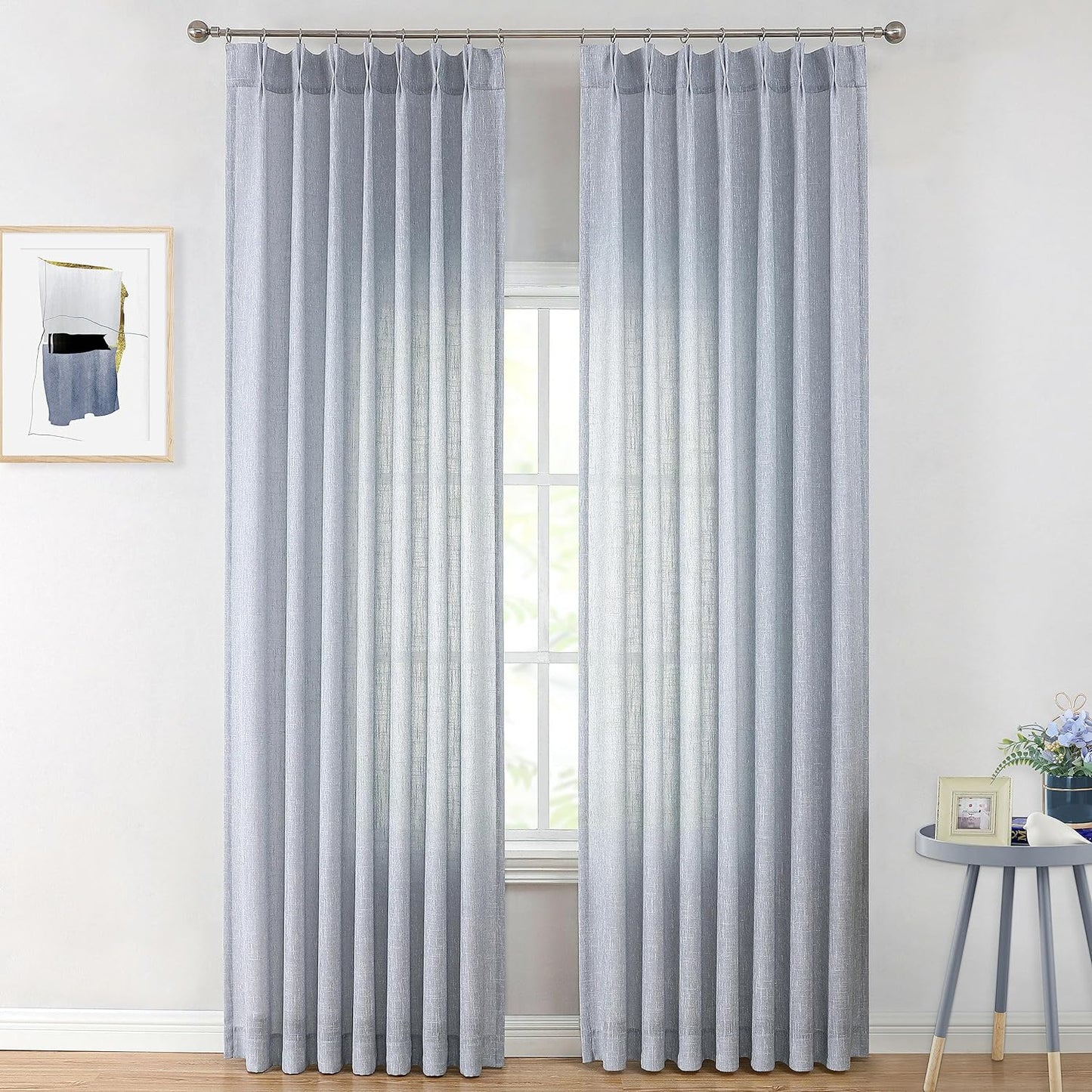 Vision Home Chambray Blue Pinch Pleated Semi Sheer Curtains Textured Light Filtering Window Curtains 95 inch for Living Room Bedroom Rayon Blended Blue Pinch Pleat Drapes with Hooks 2 Panels 40"Wx95"L