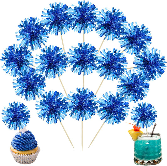 Ephlyn 30Pcs Foil Firework Cupcake Toppers Blue Tinsel Flower Drink Stirrers Cocktail Food Fruit Cake Toppers for Valentine's Day Party Decorations Blue