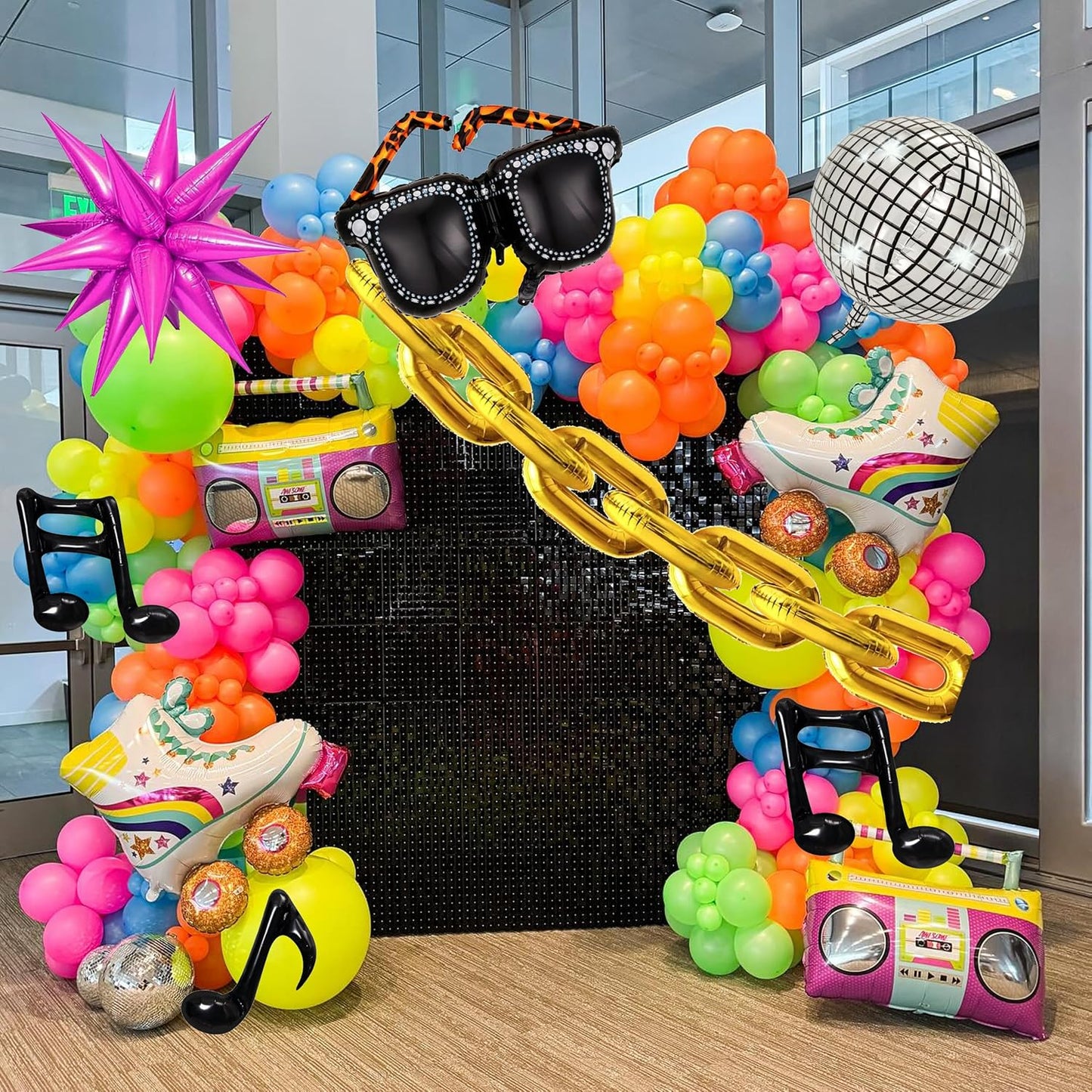 90s 80s Disco Theme Party Decorations, 171Pcs Balloon Arch Kit with Retro Disco Ball Radio Glasses Roller Skate Musical Note Chain Star Foil Balloons for Back to 90s 80s Hip Hop Birthday Supplies