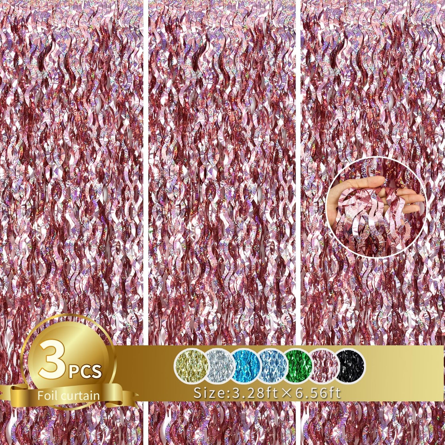TONIFUL 3Pcs Wavy Metallic Tinsel Foil Fringe Curtains Rose Gold Streamer Backdrop for Photo Booth Props,Party Door Wall Curtain,Bachelorette,Birthday,Anniversary,Bridal Shower Decor (9.9ft x 6.6ft)