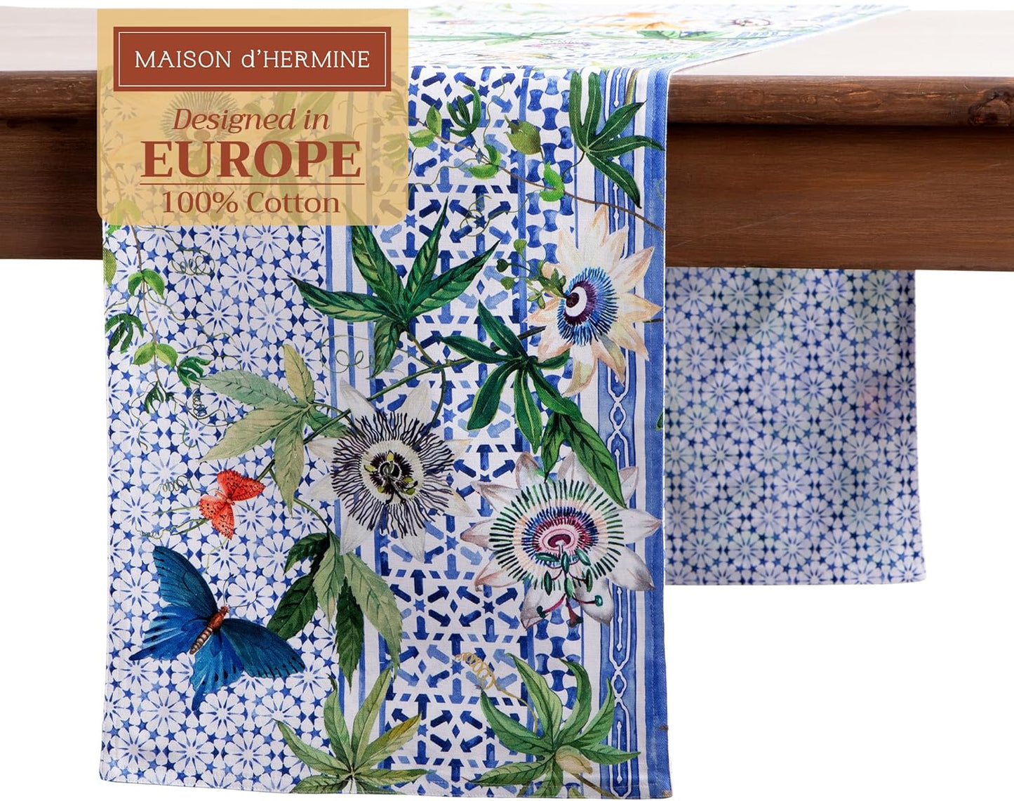 Maison d' Hermine Table Runner 100% Cotton Double Layer Table Runners 108 inches Long Decorative for Home Kitchen Dining Party Wedding Bridal Shower Spring Summer (Passiflora, 14.50" x 108")