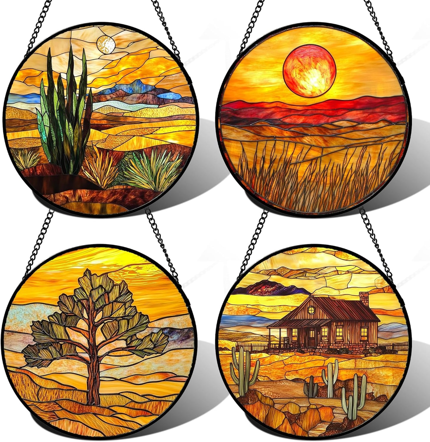 Stained Glass Window Hanging 4 Pcs Set Desert Sunset Theme Landscape 7.8" - Suncatcher Door Garden Sun Catcher Decor Birthday Christmas for Mom Woman Nana Men