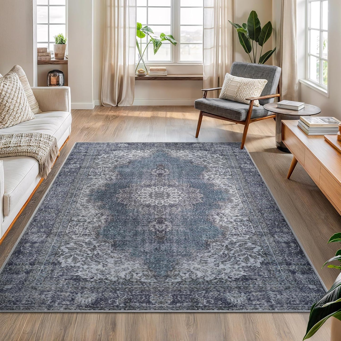 Bloom Rugs Washable Non-Slip 5' x 7' Rug - Dark Teal Traditional Medallion Area Rug for Living Room, Bedroom, Dining Room, and Kitchen - Exact Size: 5' x 7'