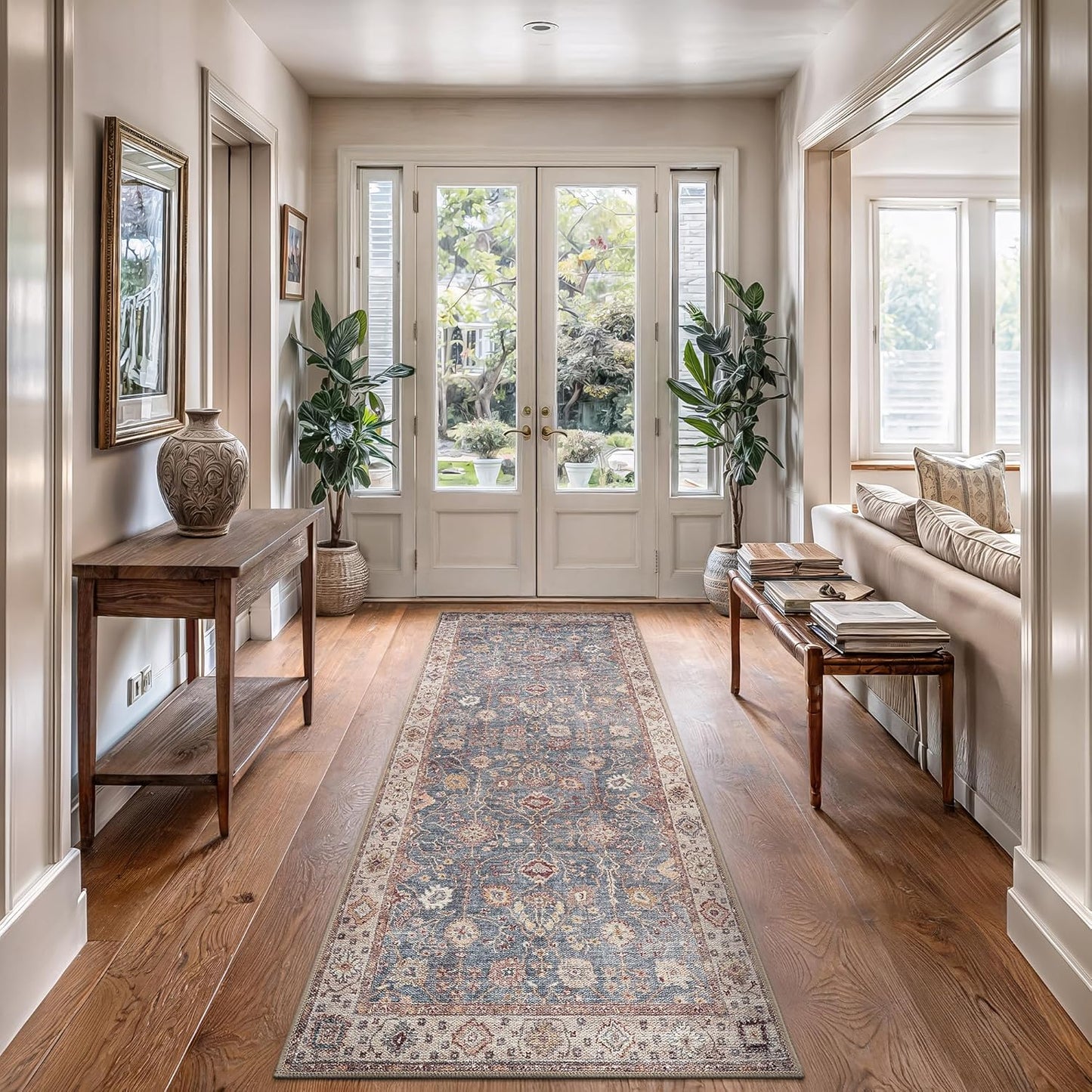 Bloom Rugs Washable Non-Slip 12 ft Runner - Beige/Blue Traditional Bordered Runner for Entryway, Hallway, Bathroom, and Kitchen - Exact Size: 2.5' x 12'