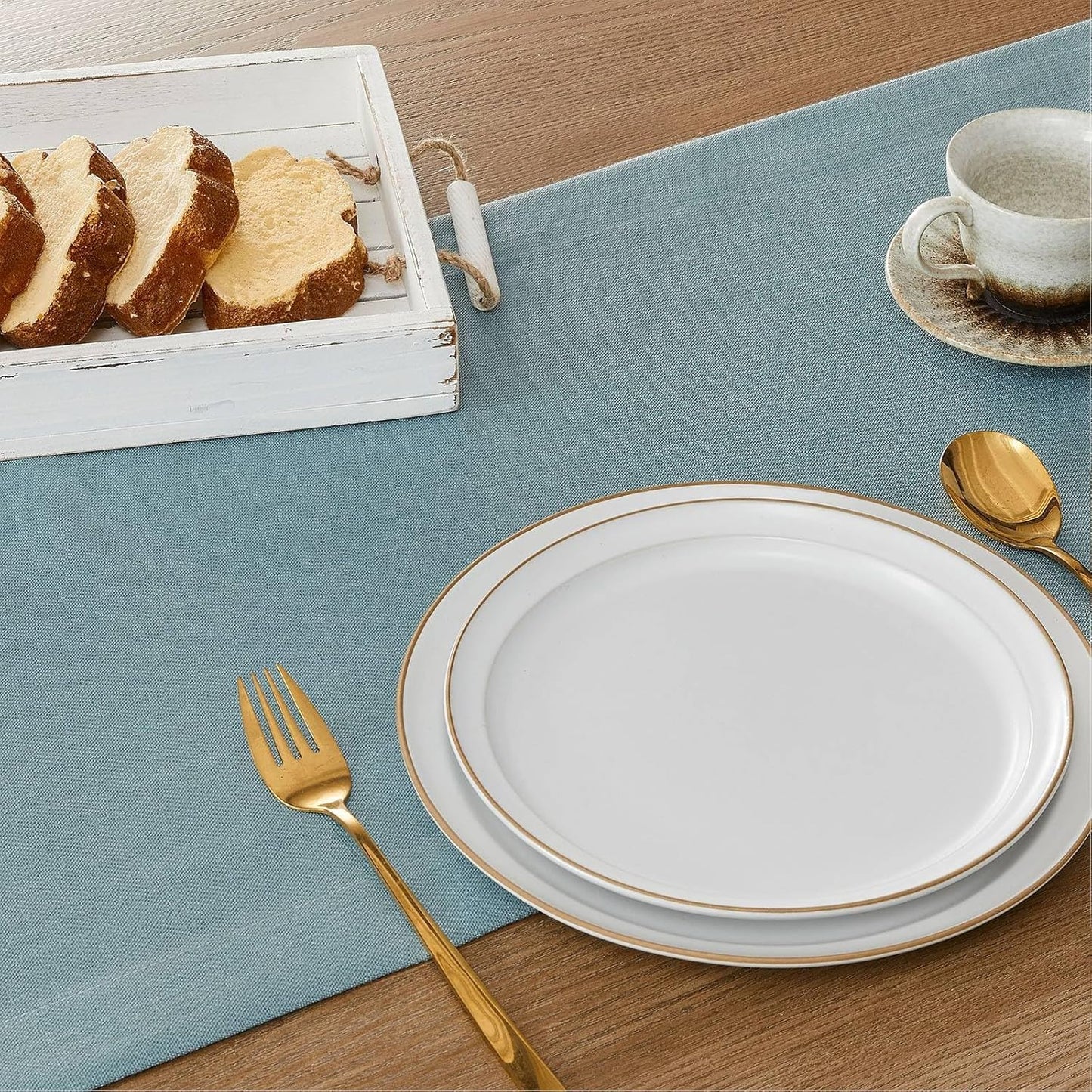 ZeeMart Linen Textured Border Table Runner, 14 x 72 Inch Blue, Farmhouse Style Dusty Blue Table Runners 72 Inches Long, Easy Care Everyday Polyester Table Runner