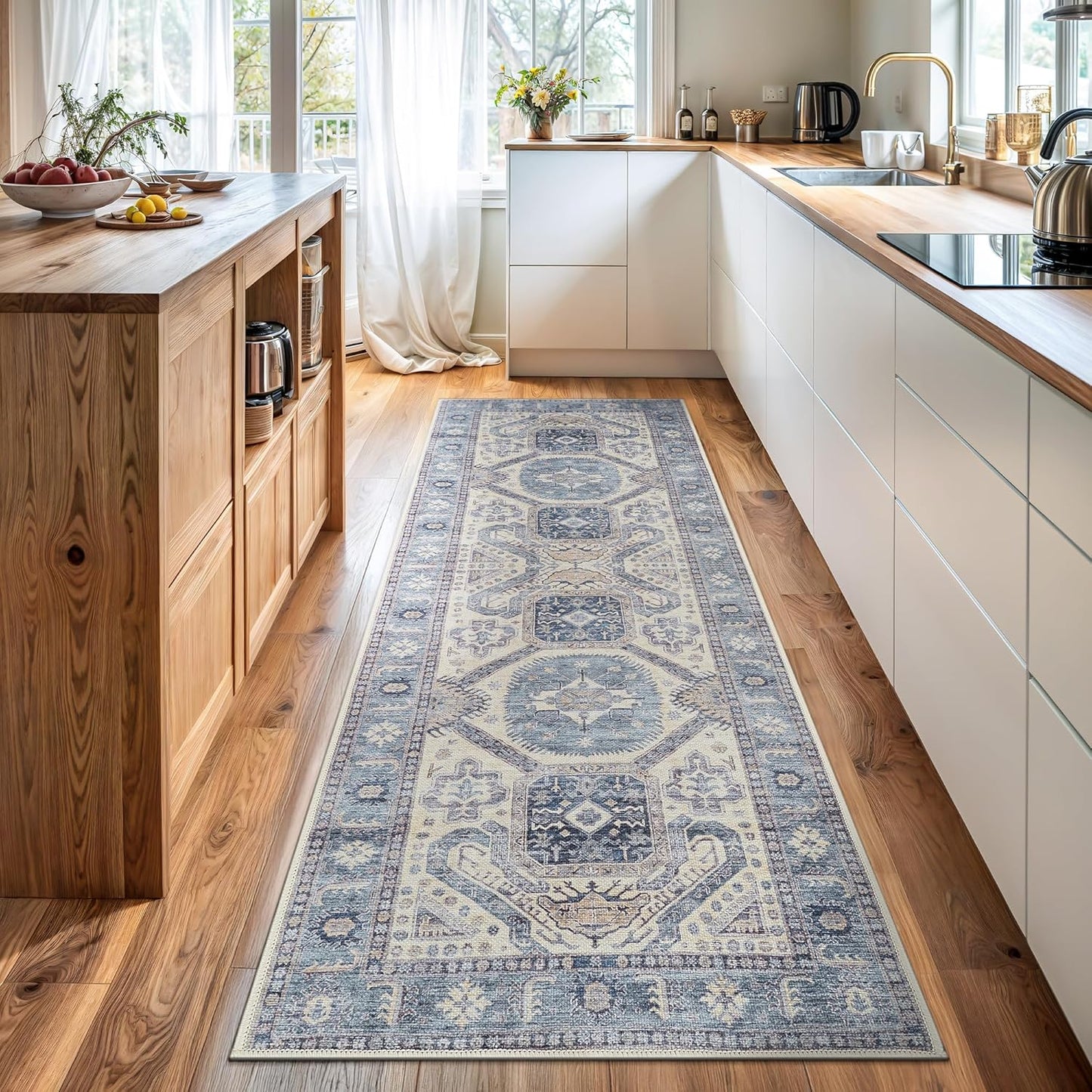 Bloom Rugs Washable Non-Slip 12 ft Runner - Blue/Beige Traditional Oriental Runner for Entryway, Hallway, Bathroom, and Kitchen - Exact Size: 2.5' x 12'