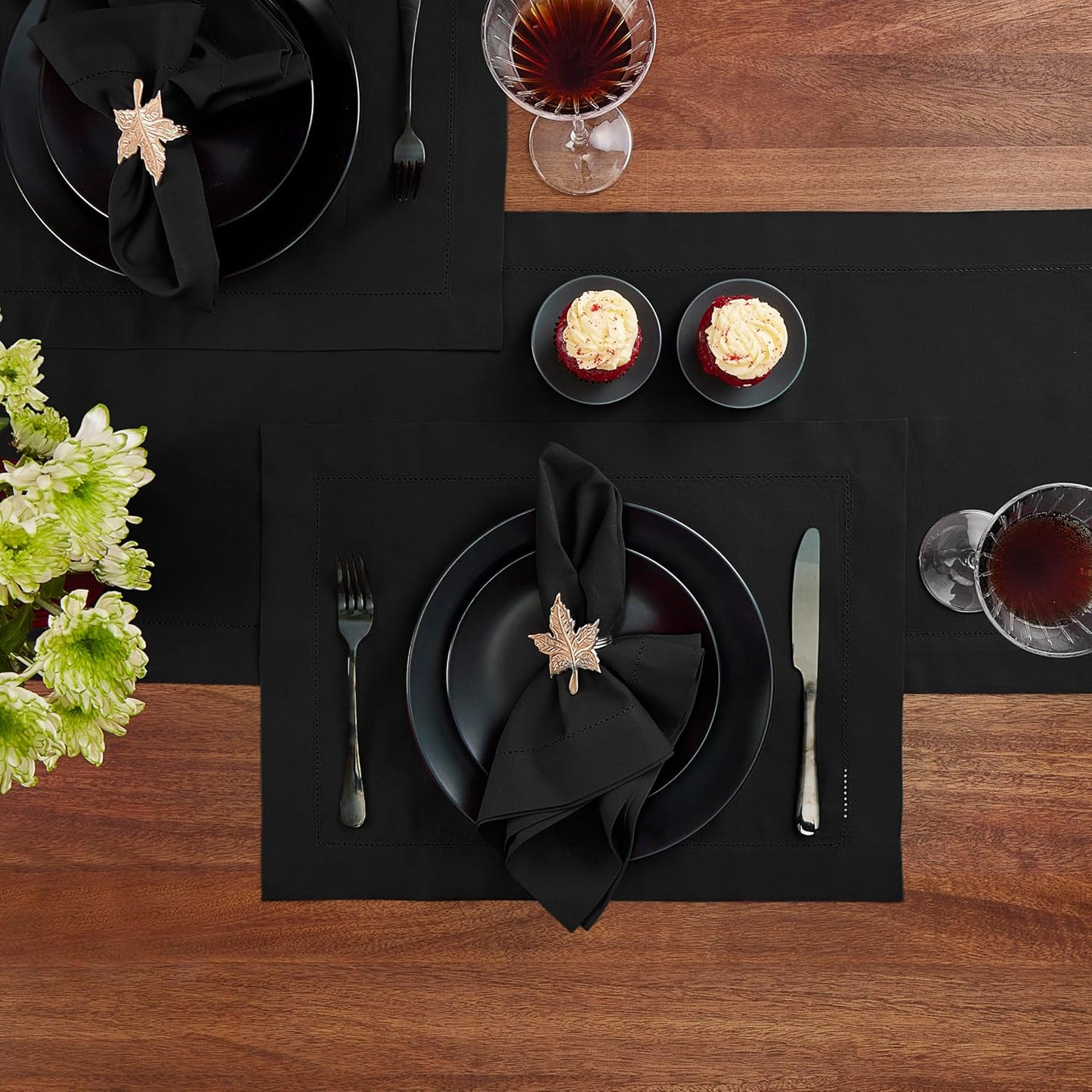 Black Table Runner 72 Inch – Cotton Linen Hemstitch Farmhouse Table Runner 14x72– Washable Fabric for Dining, Fall, Halloween, Thanksgiving, Spring, Summer, Wedding, Everyday Décor – Serena