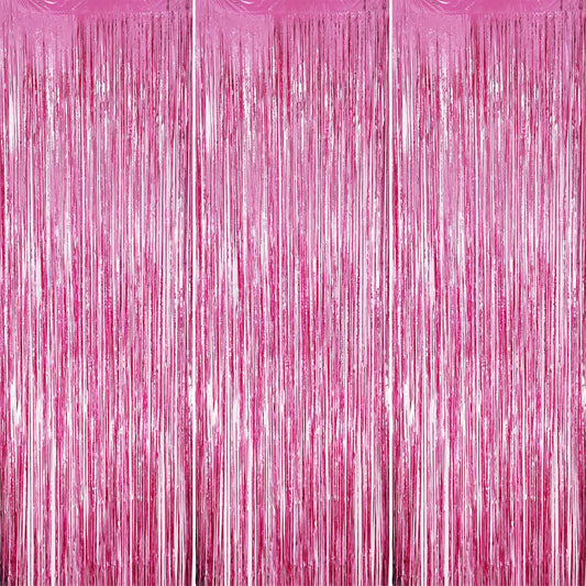 3 Pack Foil Fringe Backdrop - Pink Shiny Tinsel Curtains for Party Decoration/Photo Booth Props - 3.3x8.2 FT Metallic Foil Backdrop for Birthday, Wedding, Graduation, Christmas.