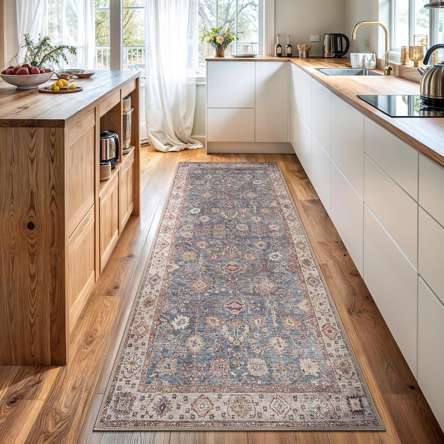Bloom Rugs Washable Non-Slip 12 ft Runner - Beige/Blue Traditional Bordered Runner for Entryway, Hallway, Bathroom, and Kitchen - Exact Size: 2.5' x 12'