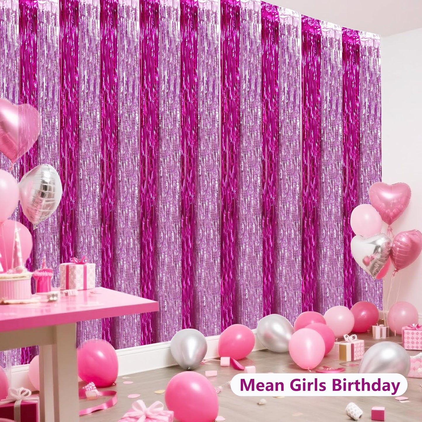 BEISHIDA Hot Pink Pink Door Streamers Backdrop Foil Fringe Tinsel Party Streamers Curtains Photo Backdrop -2Pcs for Birthday Graduation Bachelorette Party Decoations