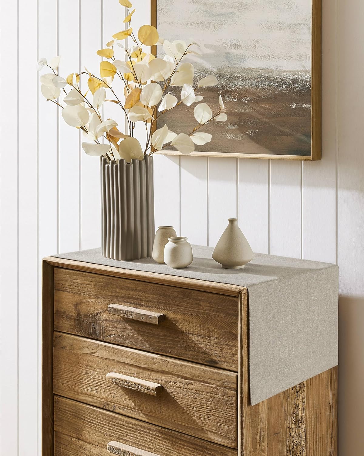 ZeeMart Linen Textured Border Table Runner, 14 x 36 Inch Natural, Farmhouse Style Neutral Table Runners 36 Inches Long, Easy Care Everyday Polyester Table Runner