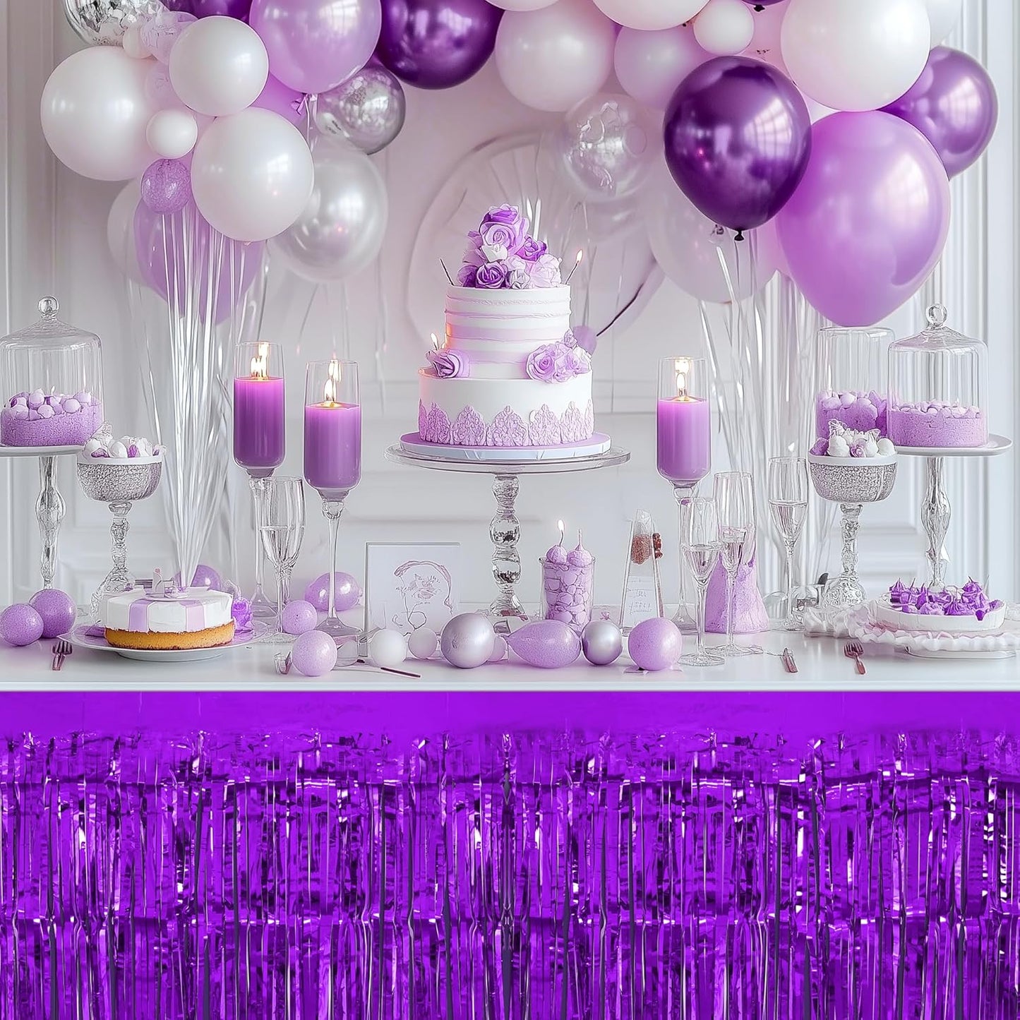 2 Pack Dark Purple Orange Table Skirts, 29x108" Metallic Foil Tinsel Fringe Table Skirt for Rectangle Tables Streamer Curtains Backdrop, Party Decorations for Birthdays, Weddings, Holidays