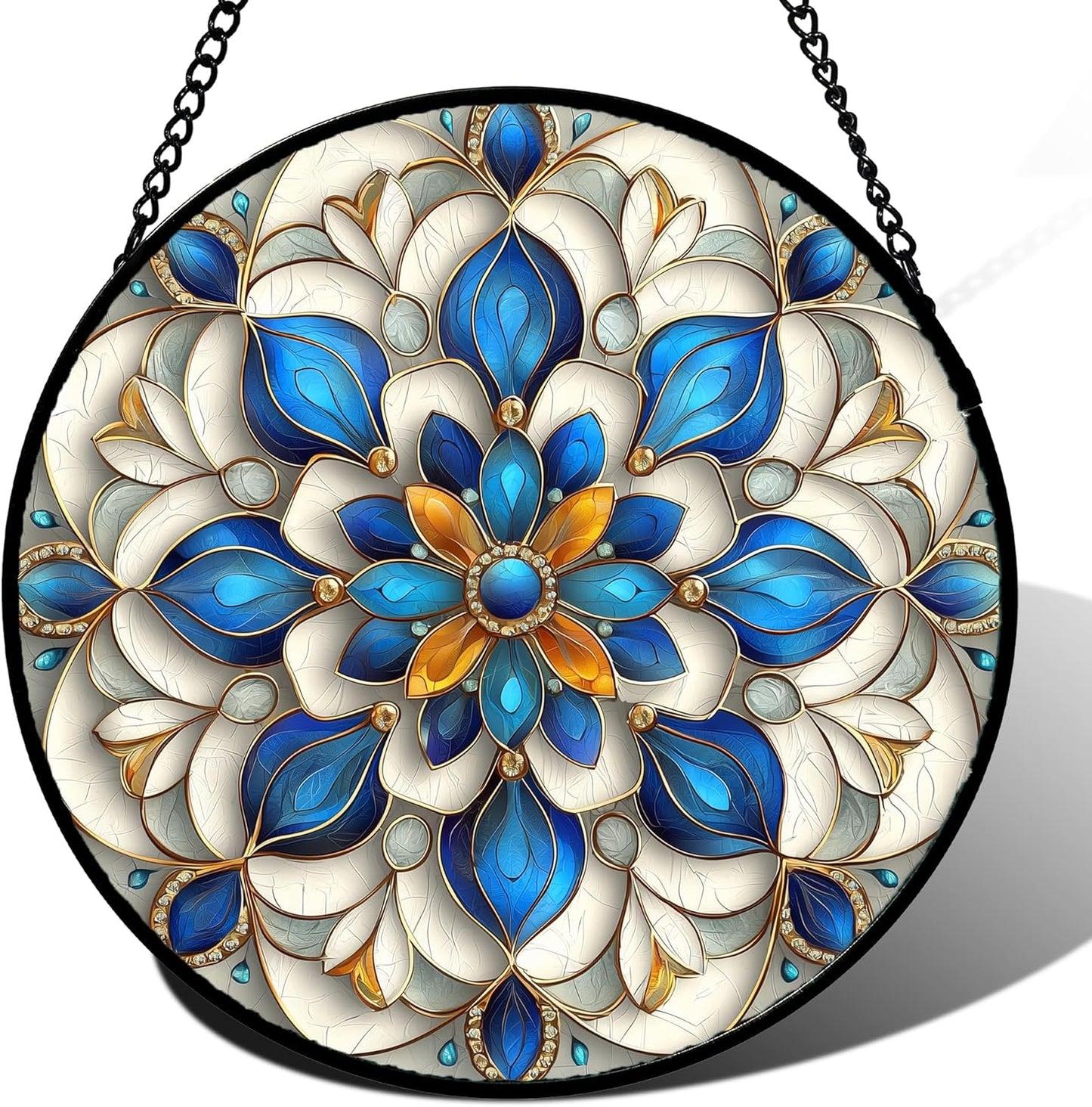 Stained Glass Window Hanging - Blue and White Abstract Flowers Suncatcher for Door Terrace Garden Home Decor, Gold Sun Catcher Birthday Gifts for Lovers Women Men Dad Mom Nana 9.8 in