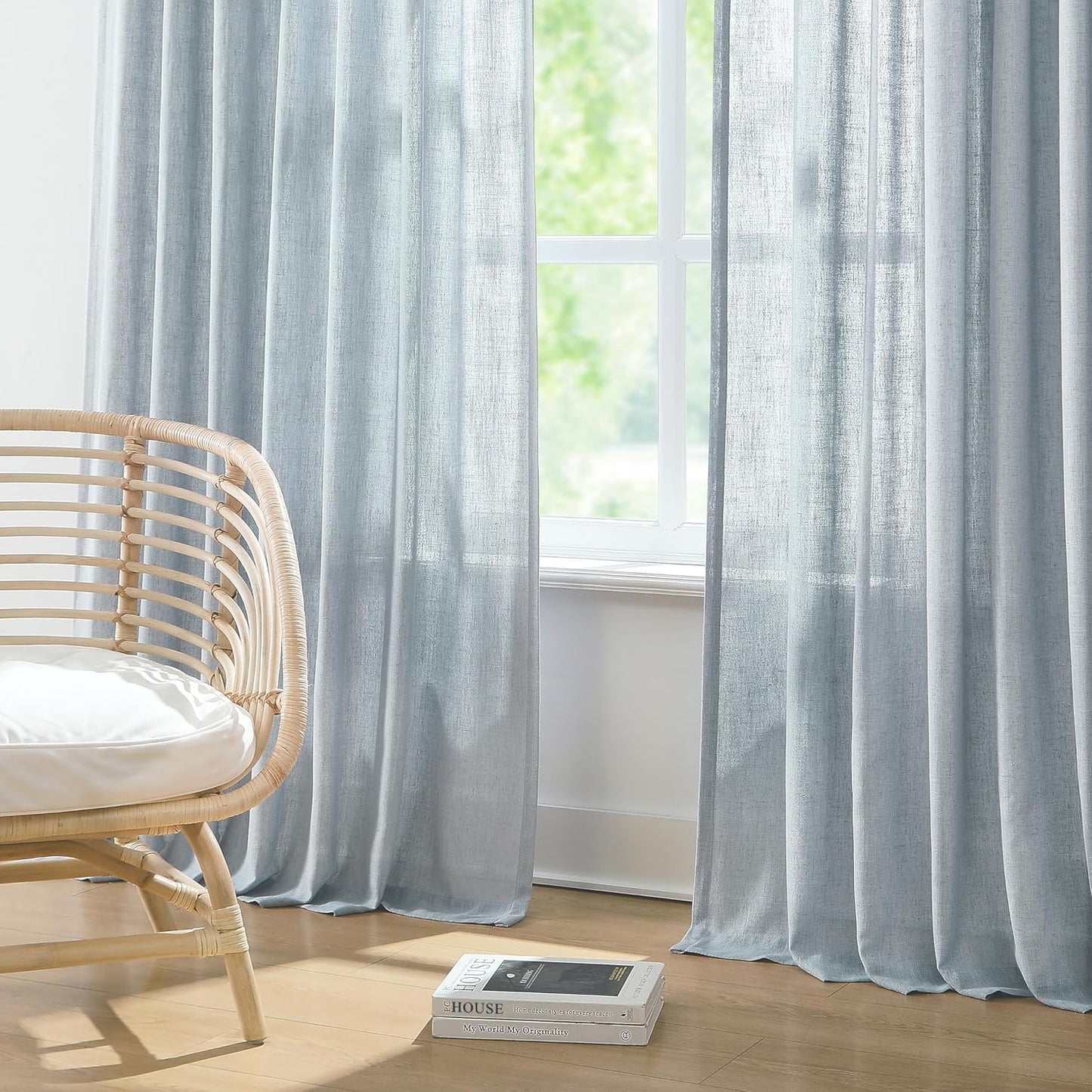 Vision Home Blue Grey Pinch Pleated Semi Sheer Curtains Textured Linen Blended Light Filtering Window Curtains 112 inch for Living Room Bedroom Pinch Pleat Drapes with Hooks 2 Panels 40" Wx112 L