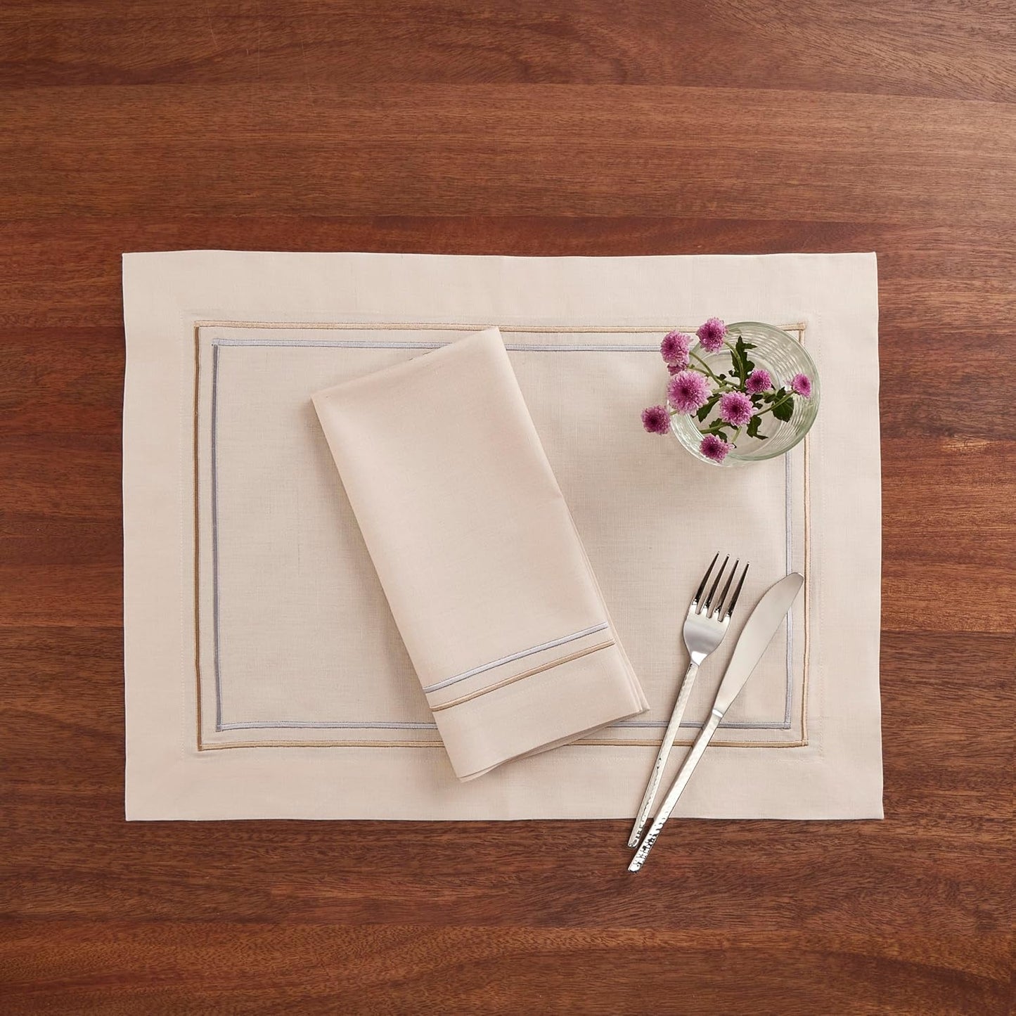 Cotton Linen Placemats Set of 4 – Summer Beige Placemats 14 x 19 Inch – Machine Washable Fabric Table Place Mats with Line Embroidery – Wedding Decoration, Gift