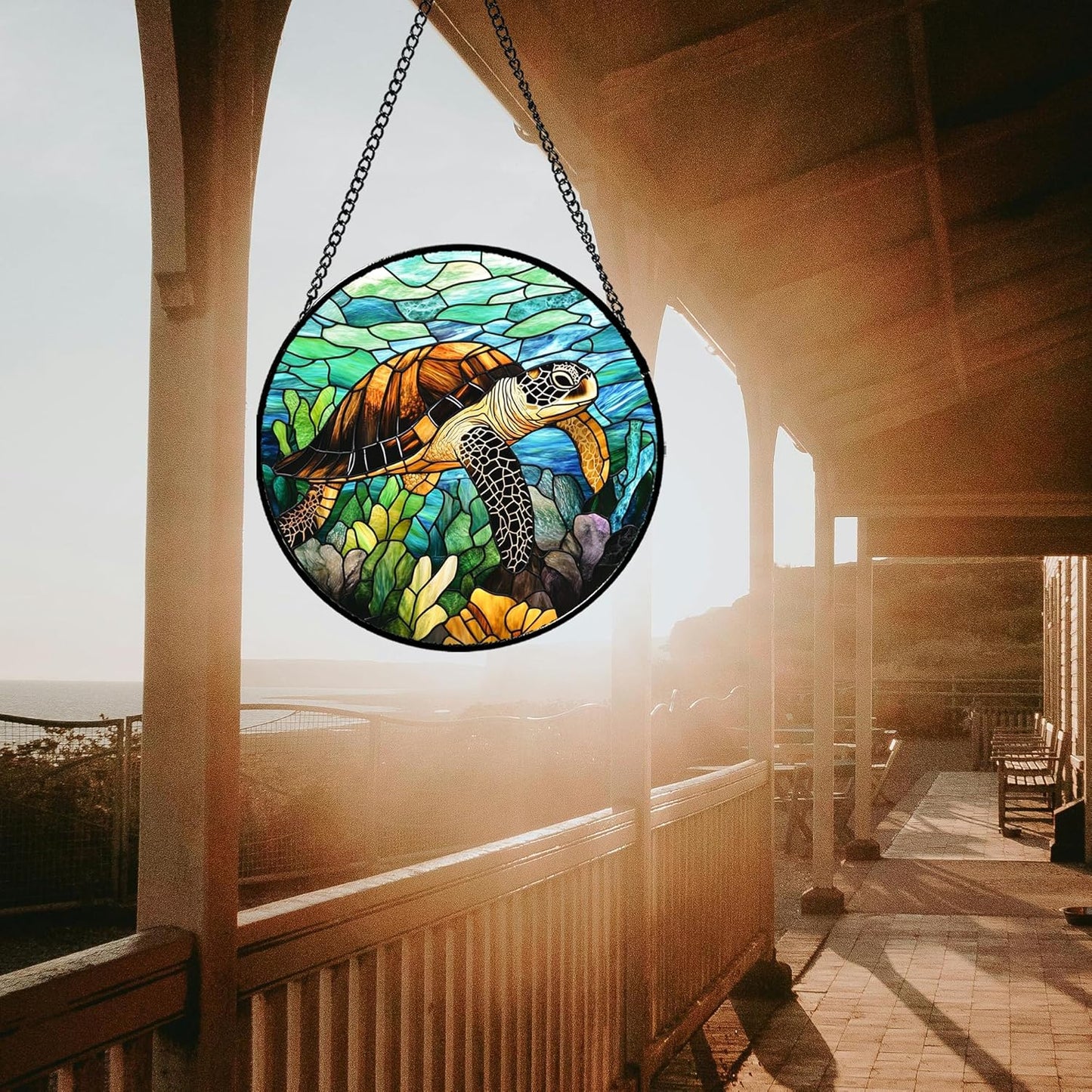 Stained Glass Window Hanging - Cute Sea Turtle Suncatcher for Door Garden Yard Blue Ocean Sun Catchers Decor Christmas Mother's Day Birthday Children's Gifts for Women Mom Nana Friend 7.8 in