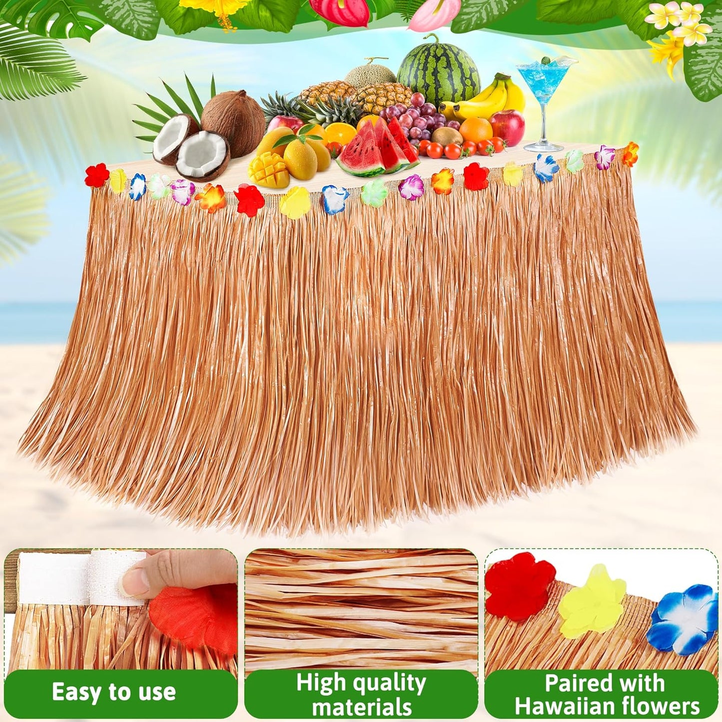 8PCS Hawaiian Table Skirt, Luau Themed Grass Table Skirt Party Supplies, Indoor Outdoor 108 X 29.5" Flower Tropical Hula Dance Parties Supplies Bulk, Table Skirt for Summer Beach Themed Party