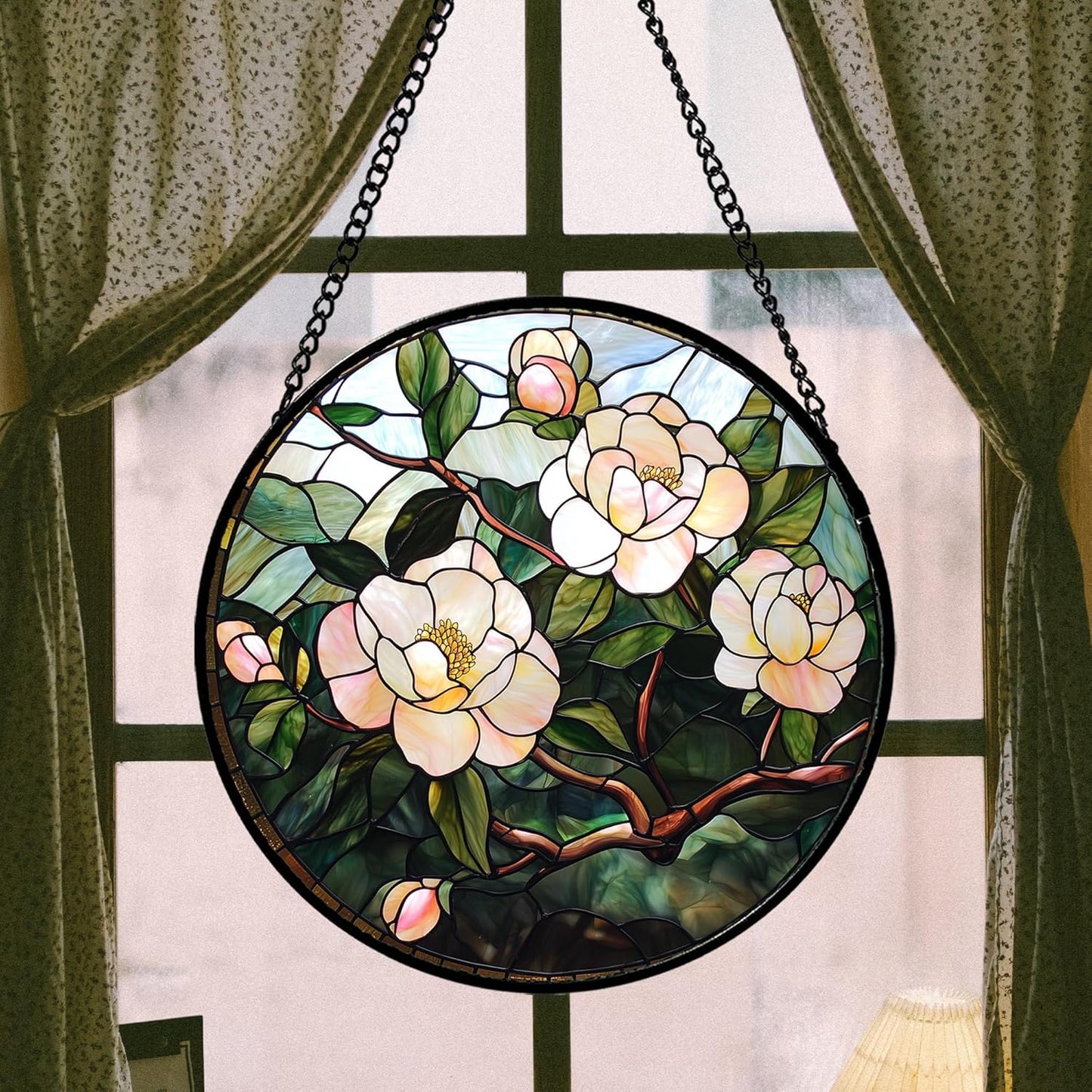 Stained Glass Suncatcher, Light Pink Flowers Green Leaf Sun Catcher Plant Stain Glass Window Hanging Decoration Mother's Day Birthday Gifts for Women Men Mom Nana 7.8 in