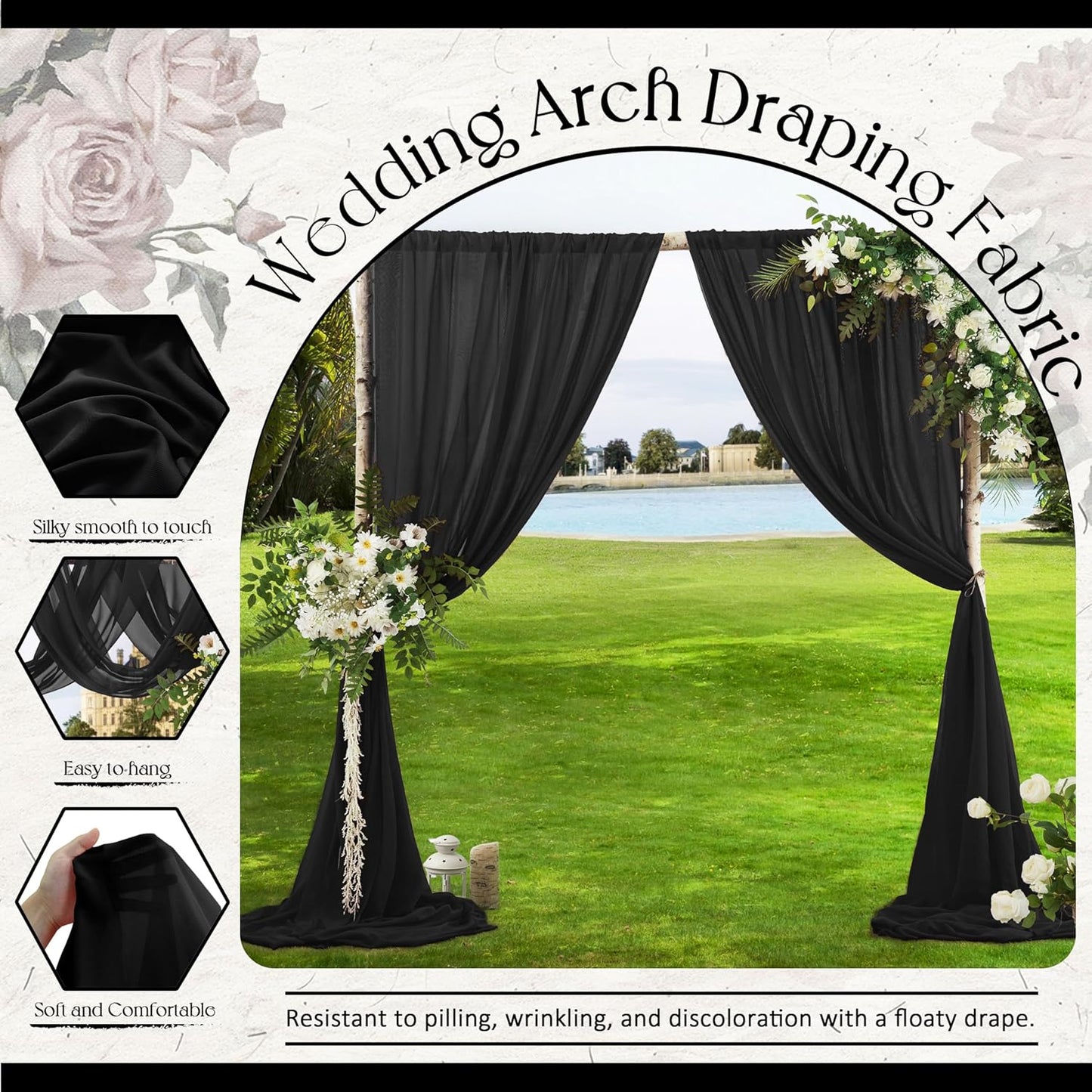 VACVELT Wedding Arch Draping Fabric - Black Chiffon, 1 Panel Sheer Drapes, 30 Inch x 20ft Chiffon Backdrop Curtain, Outdoor Sheer Drapery for Ceremony Party Ceiling