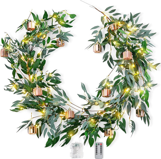 Artificial Willow Garland with Battery String Lights & Pink Gift Box Ornaments – 2-Pack Lighted Greenery Vine, with Remote for Mantels, Weddings, Fireplace, Holidays, Parties & Everyday Home Decor