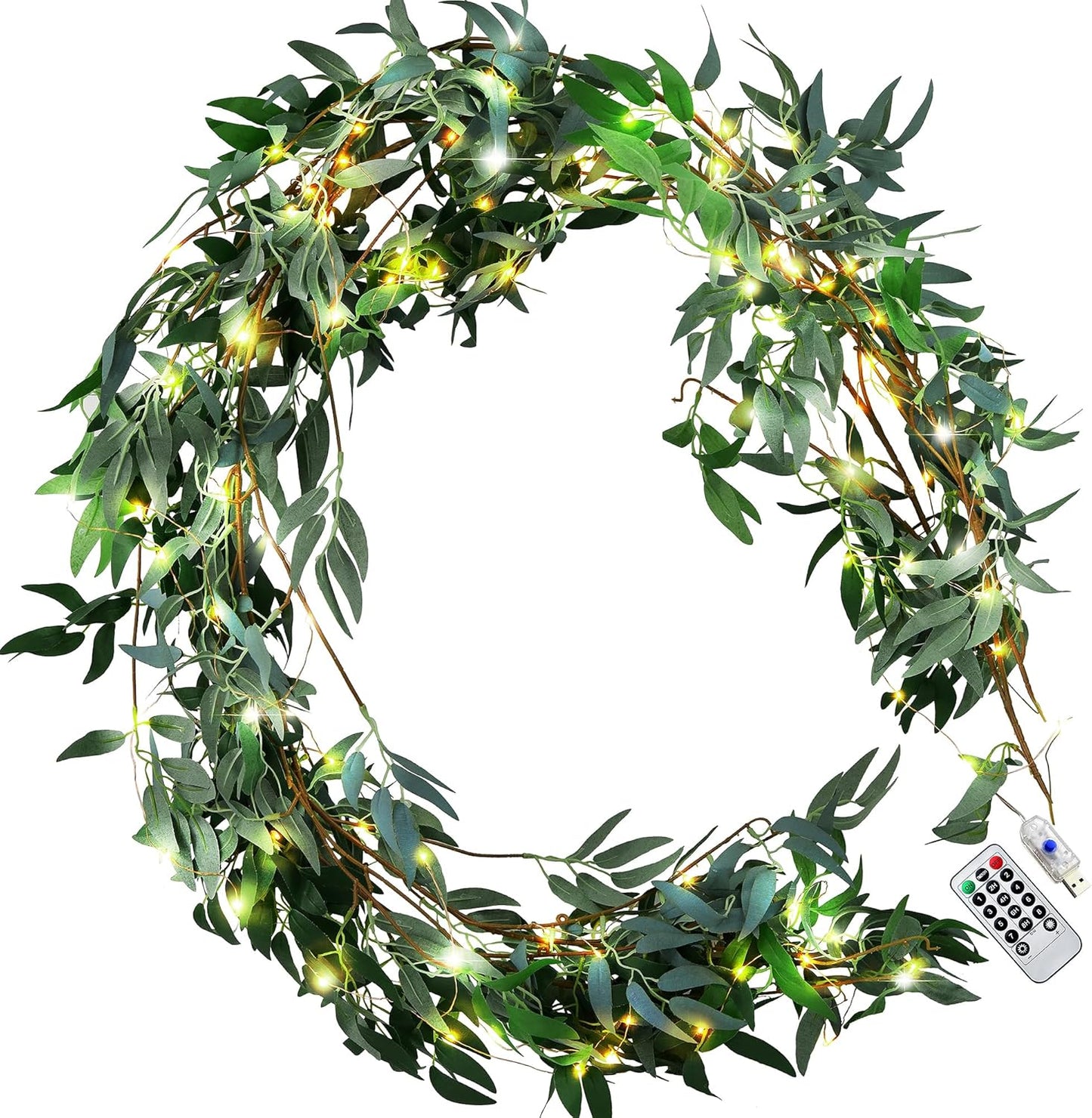 FiveSeasonStuff 2 Mix Rustic Willow Garlands, Bendable Artificial Greenery Vine Leaves for Wedding Home Decoration with 33 Feet String Lights