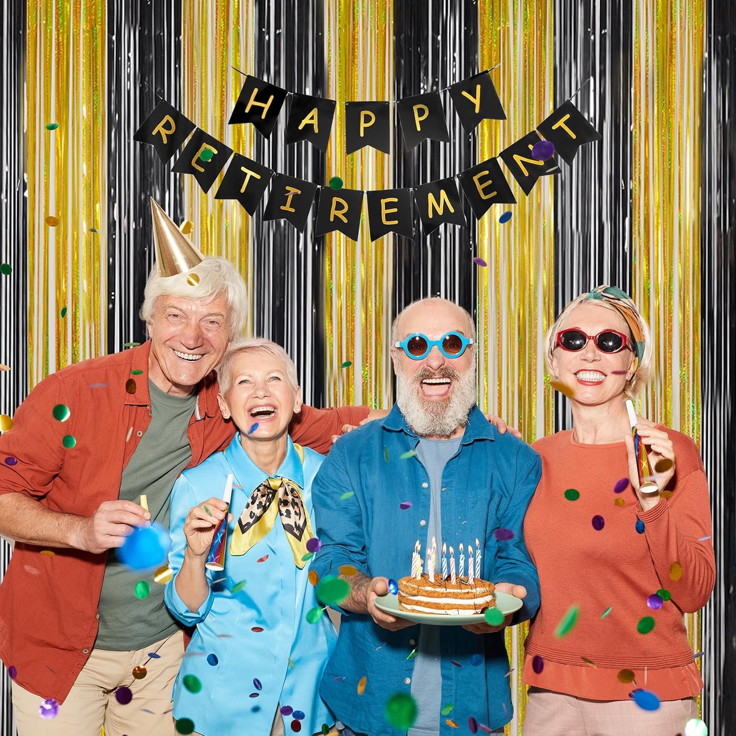 Foil Fringe Curtains Halloween Decor Indoor Party Decorations - Melsan 3 Pack 3.2 x 8.2 ft Black Tinsel Curtain Photo Backdrop for Birthday Decorations Retirement Party Decorations Black