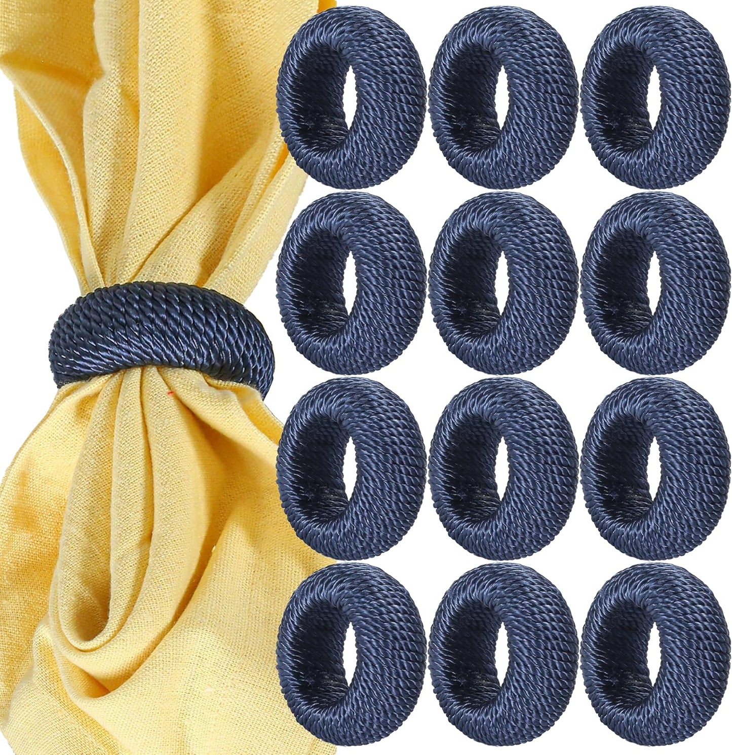 Rustic Napkin Rings Set of 12 - Rayon Napkin Holders for Table Decor, Weddings, Dinner Parties & Everyday Dining - Farmhouse Boho Napkin Rings (Blue) - CLEENTABLE