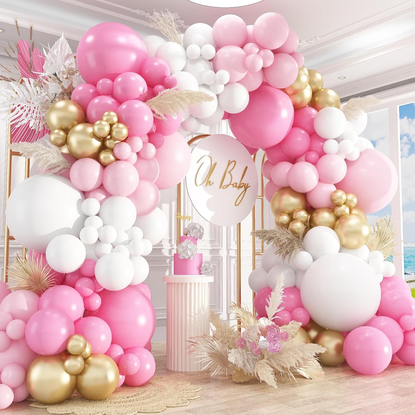 412Pcs Pink and White Balloons Arch Kit,18 12 10 5 Inch Pink and Gold Balloon Garland Pastal Pink White for Women Girls Birthday Bridal Baby Shower Decorations