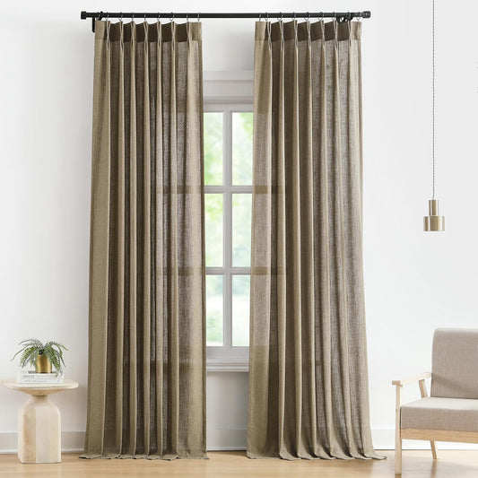 Vision Home Brown Pinch Pleated Semi Sheer Curtains Textured Linen Blended Light Filtering Window Curtains 95 inch for Living Room Bedroom Pinch Pleat Drapes with Hooks 2 Panels 40" Wx95 L